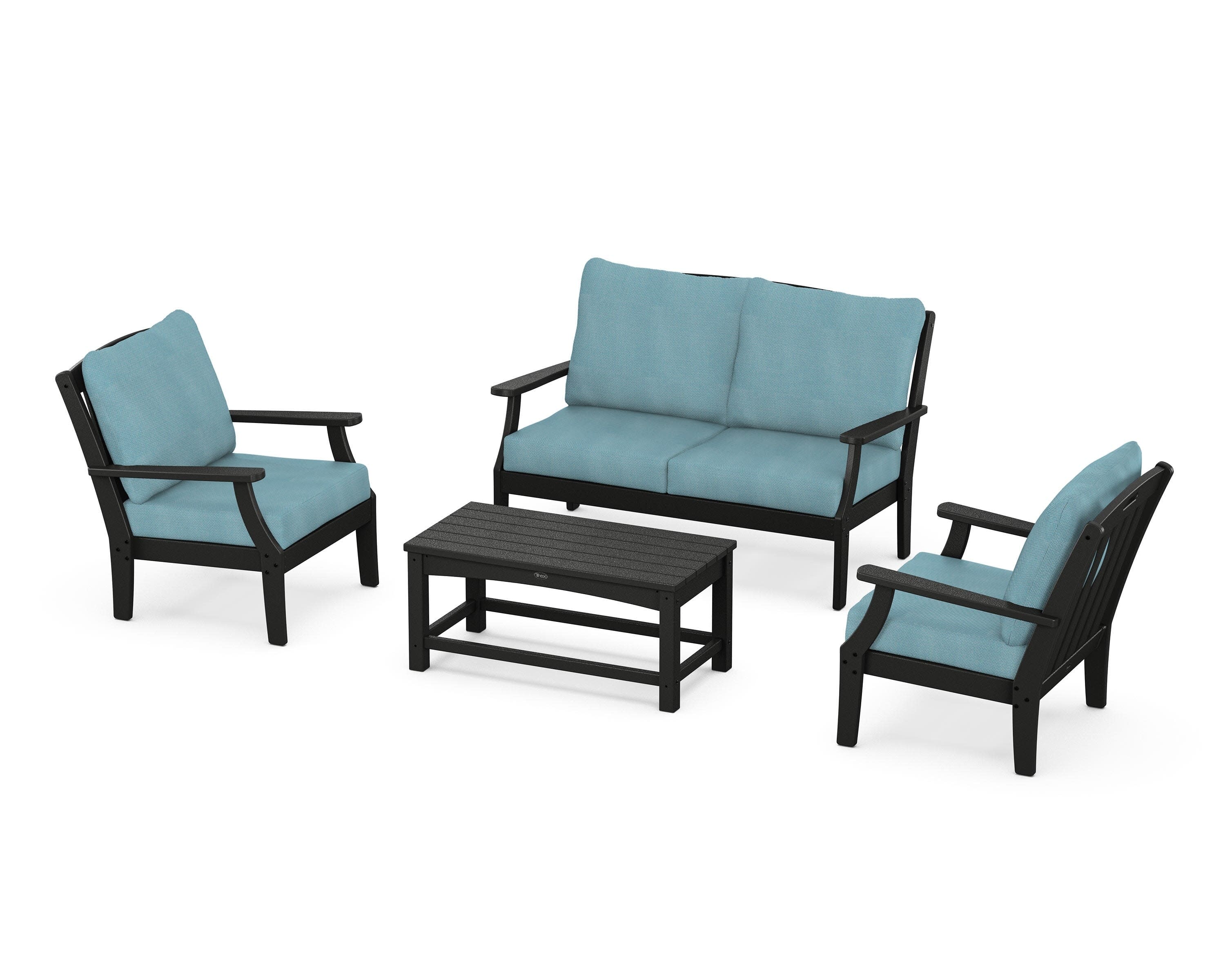 Yacht Club 4-Piece Deep Seating Chair Set in Charcoal Black / Lattice Sky Blue