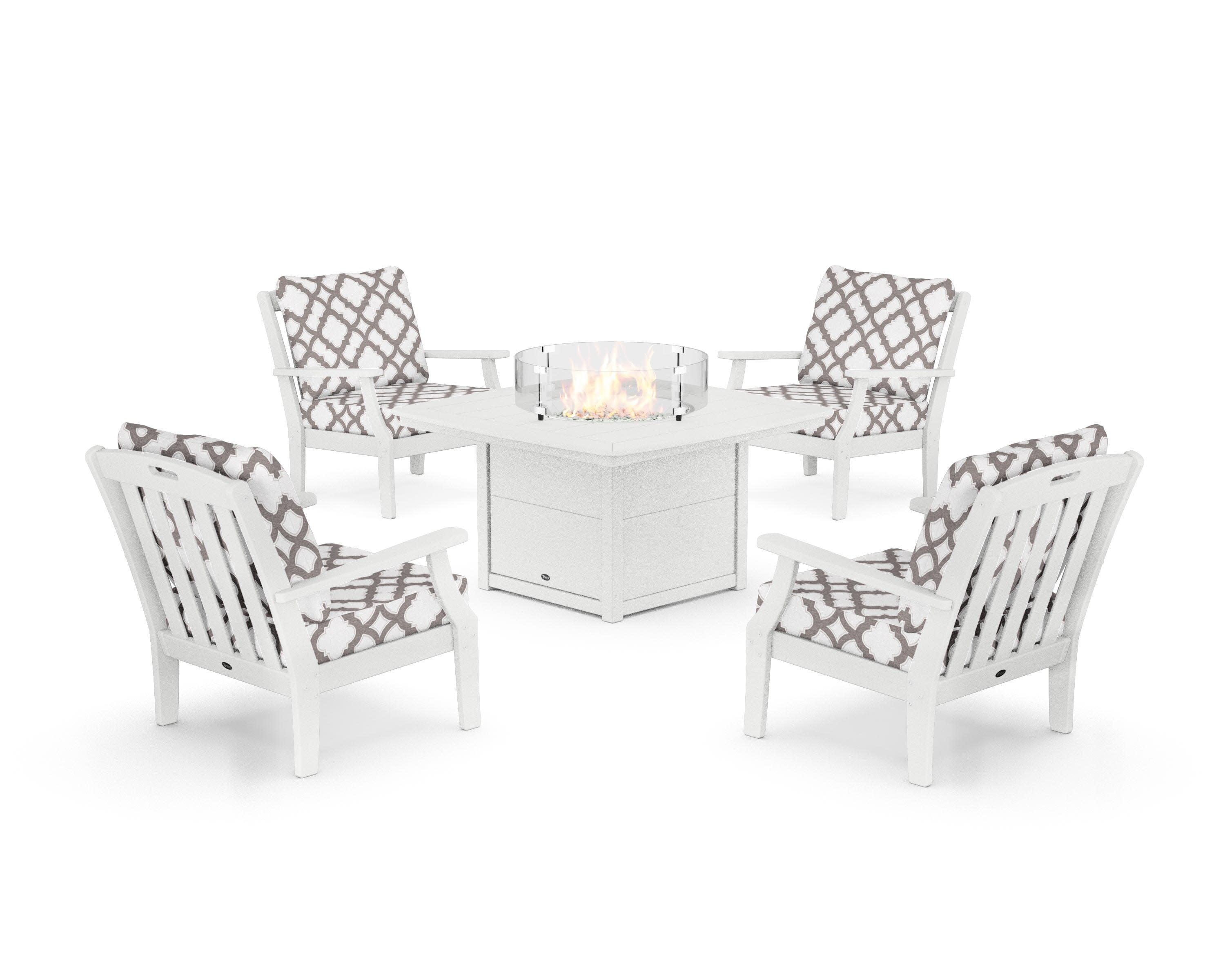 Yacht Club 5-Piece Deep Seating Set with Fire Pit Table in Classic White / Trellis Grey Mist