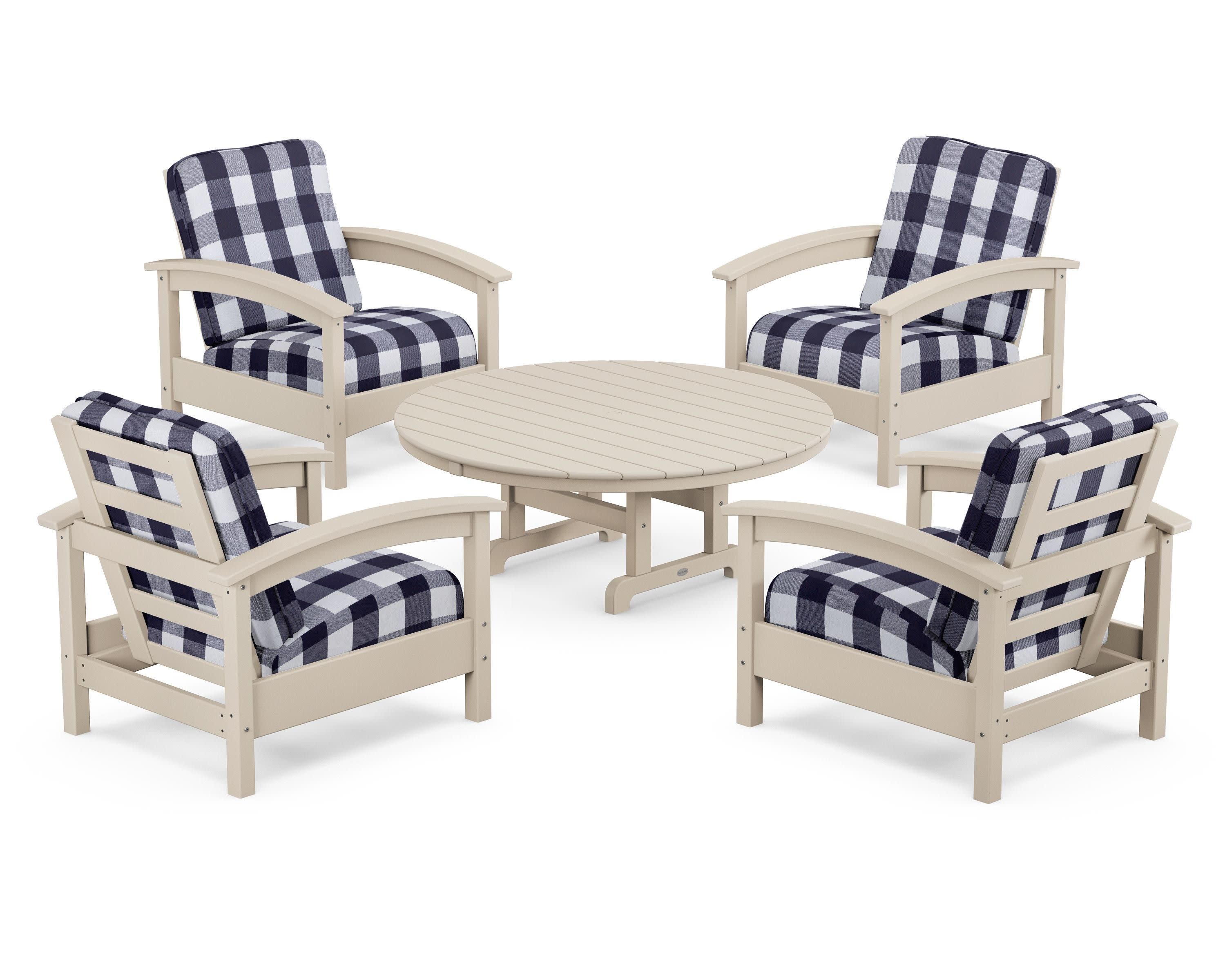 Rockport 5-Piece Deep Seating Set in Sand Castle / Buffalo Plaid Navy