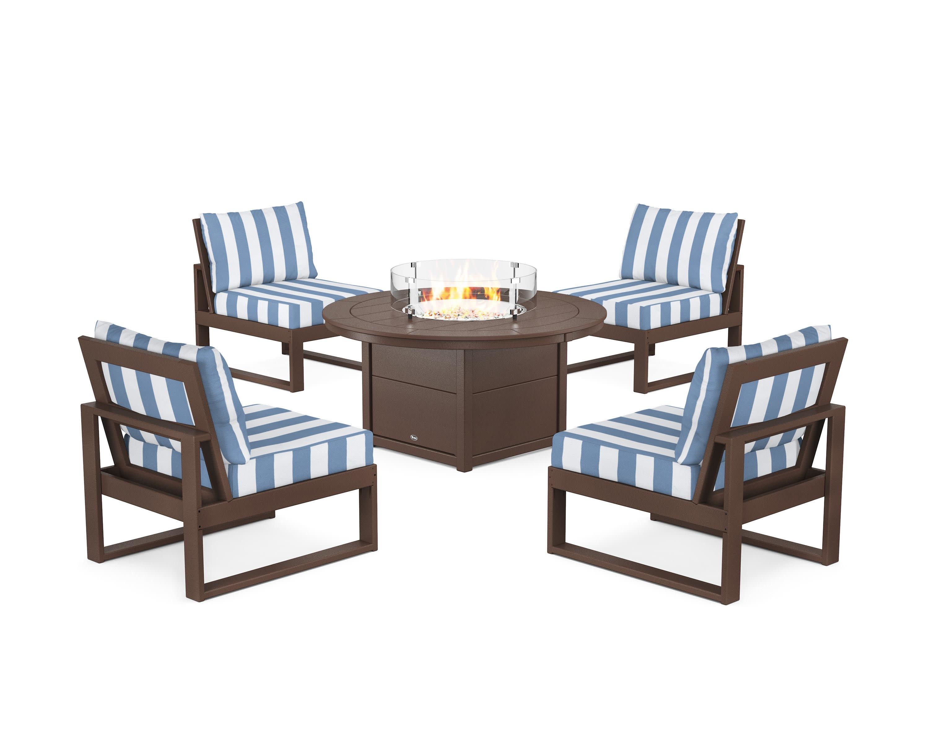 Eastport Modular 5-Piece Deep Seating Set with Round Fire Pit Table in Vintage Lantern / Cabana Stripe Sky Blue