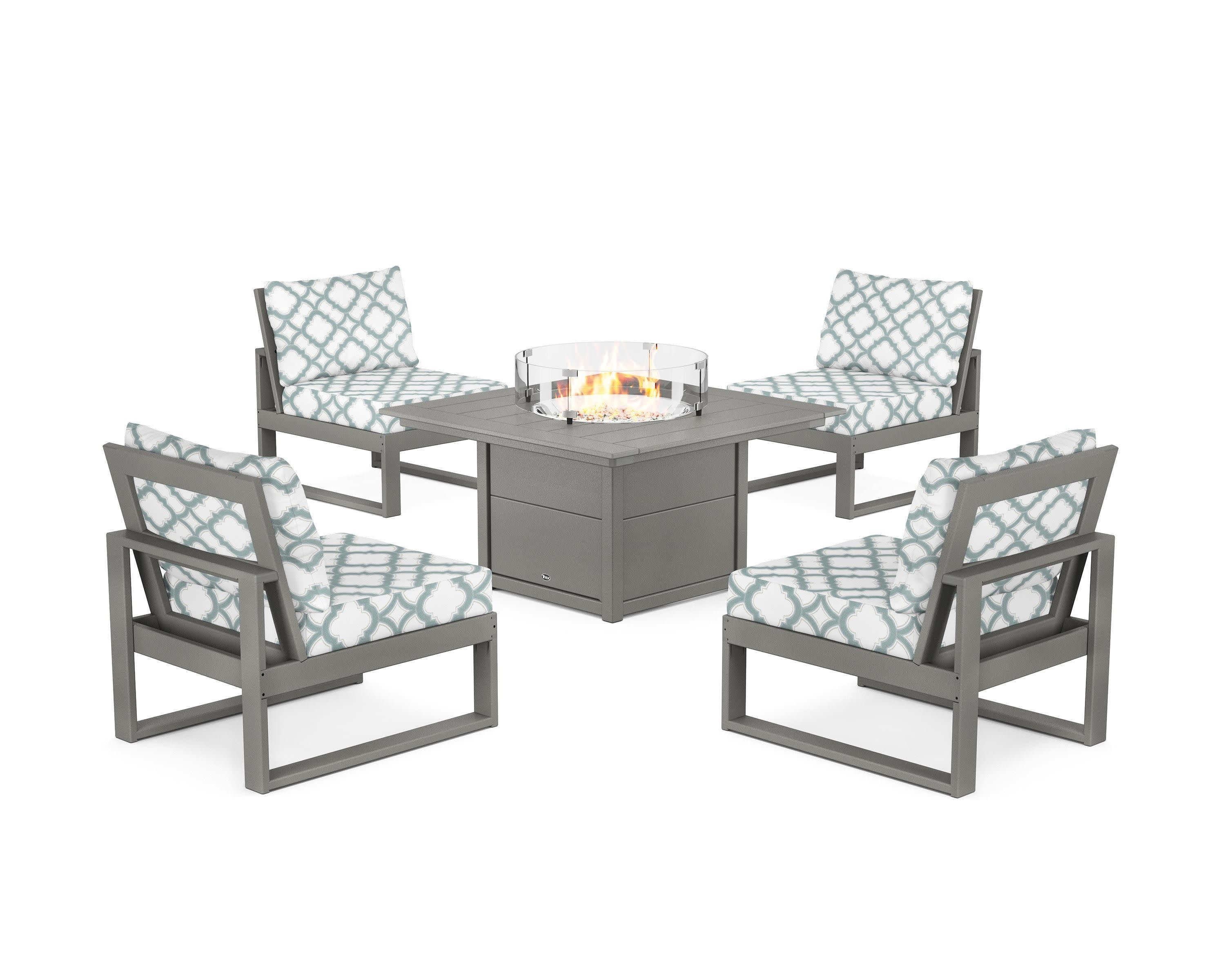 Eastport Modular 5-Piece Deep Seating Set with Square Fire Pit Table in Stepping Stone / Trellis Glacier Spa