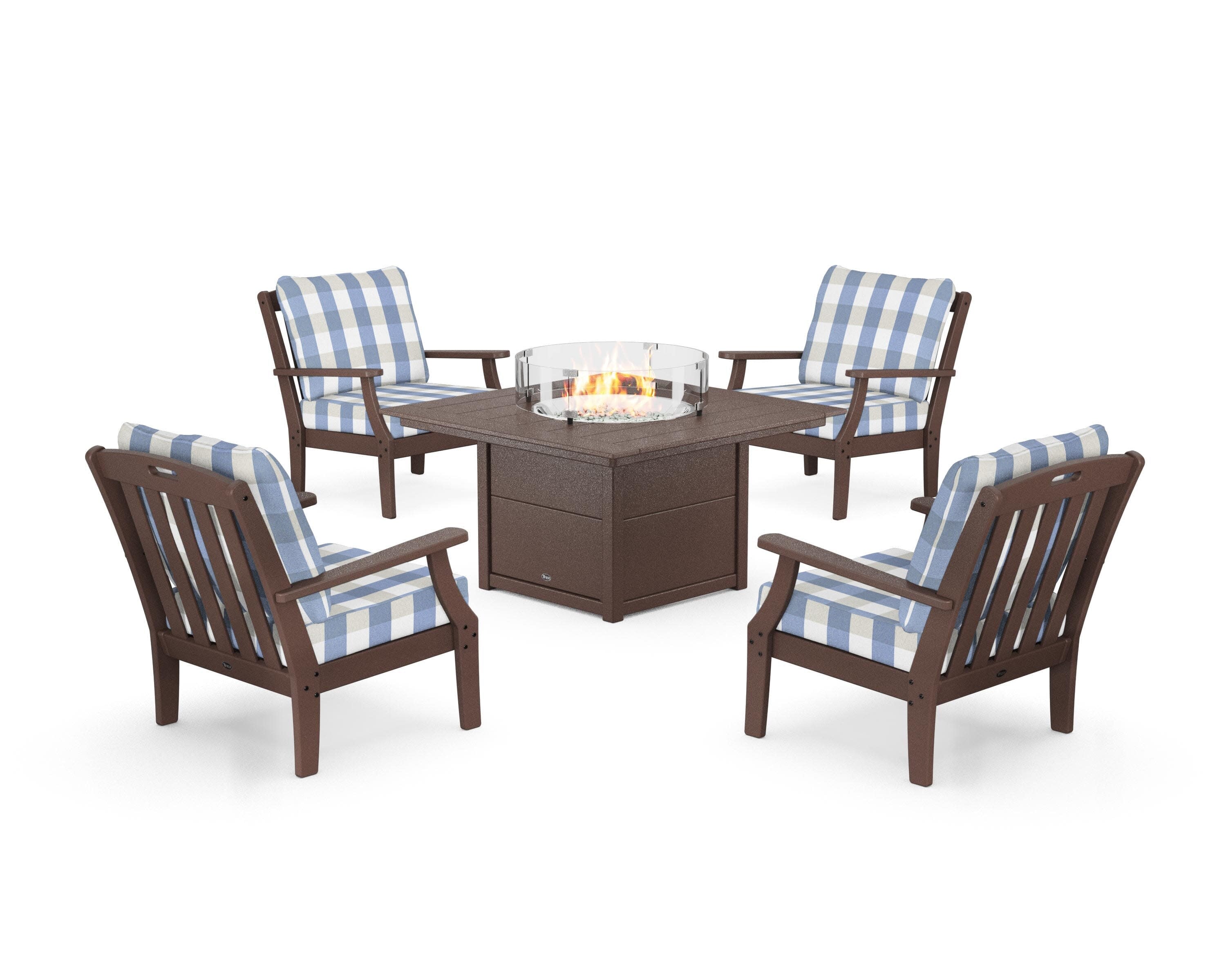 Yacht Club 5-Piece Deep Seating Set with Square Fire Pit Table in Vintage Lantern / Buffalo Plaid Sky Blue