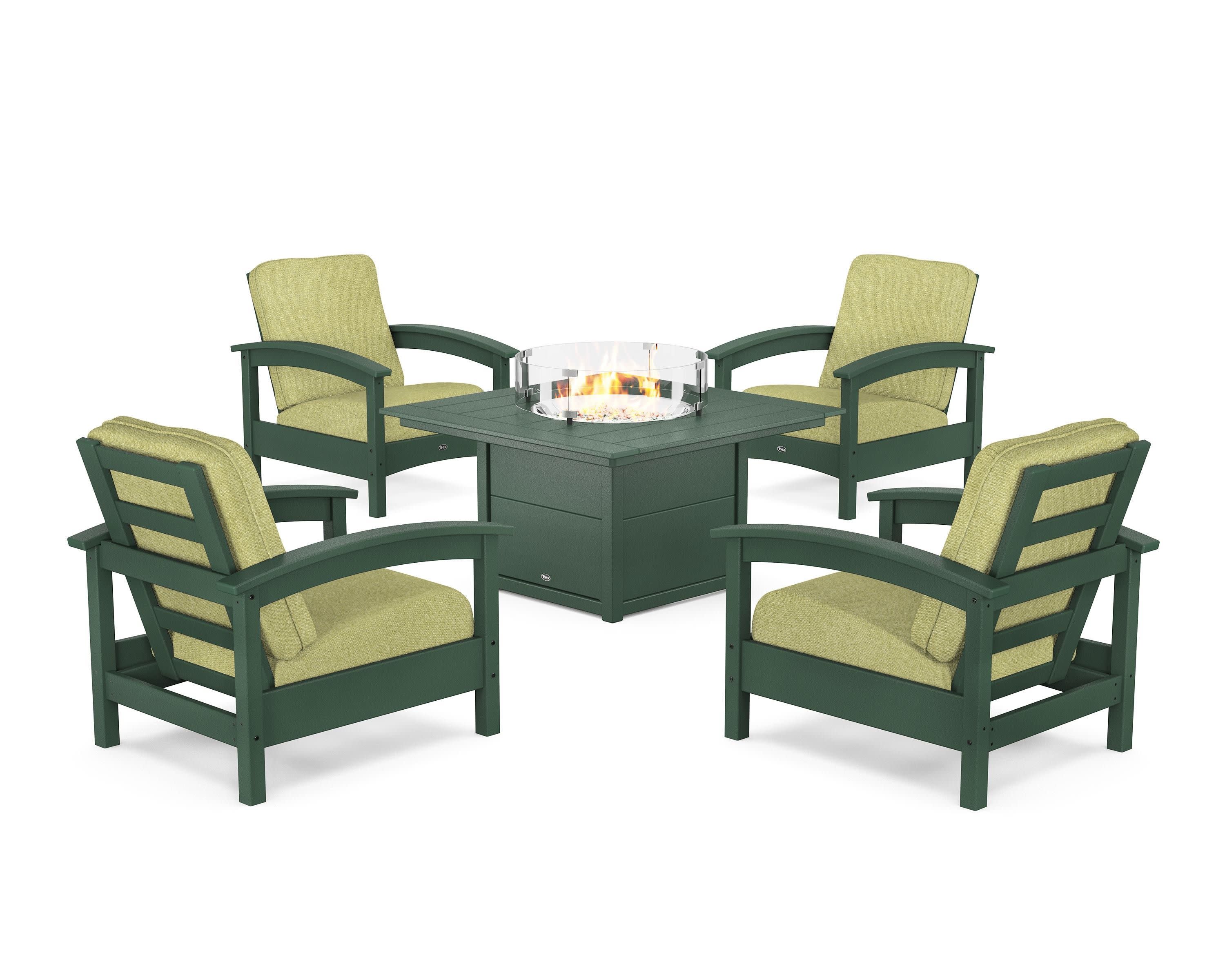 Rockport 5-Piece Deep Seating Set with Square Fire Pit Table in Rainforest Canopy / Chartreuse Boucle