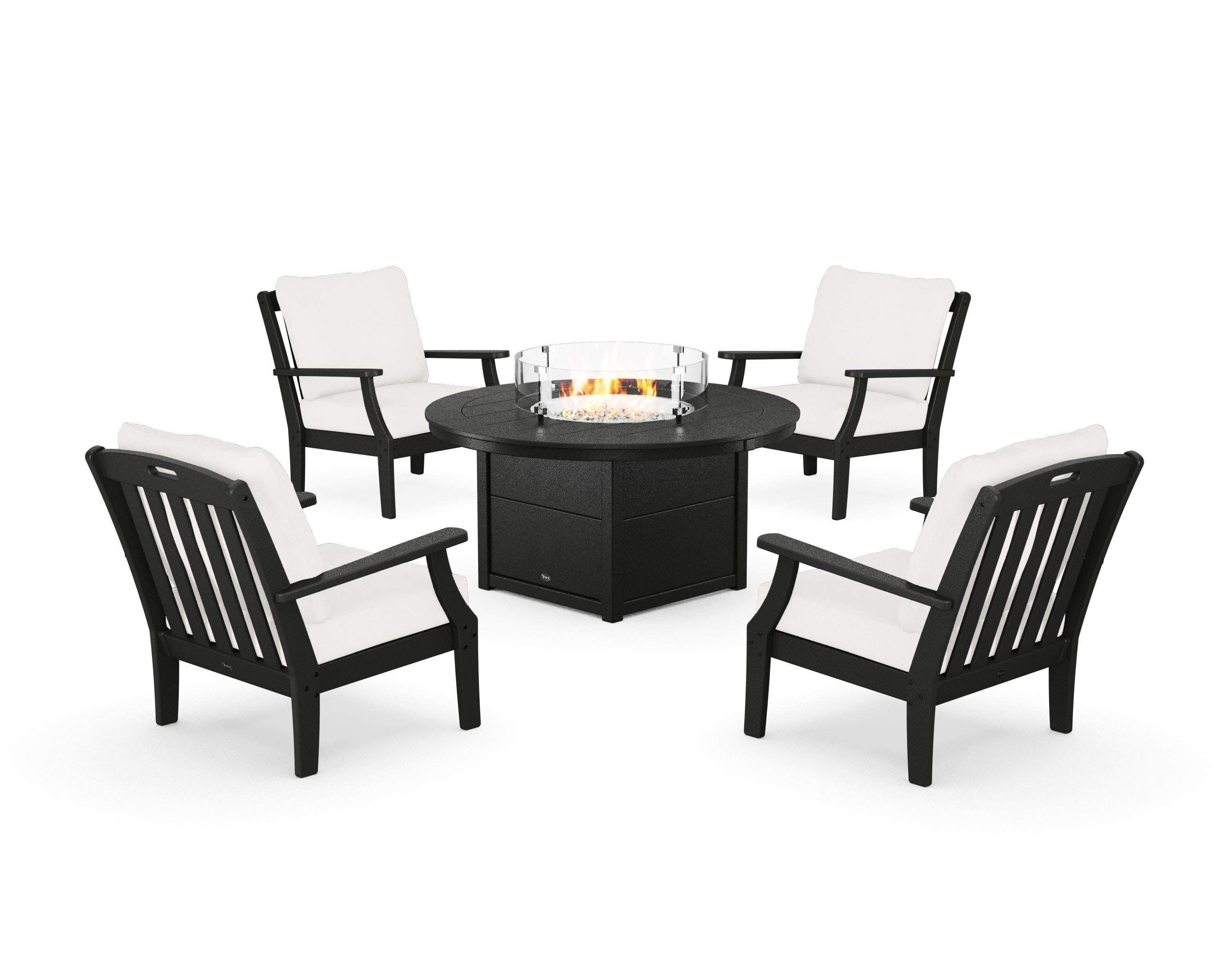 Yacht Club 5-Piece Deep Seating Set with Round Fire Pit Table in Charcoal Black / Natural Linen