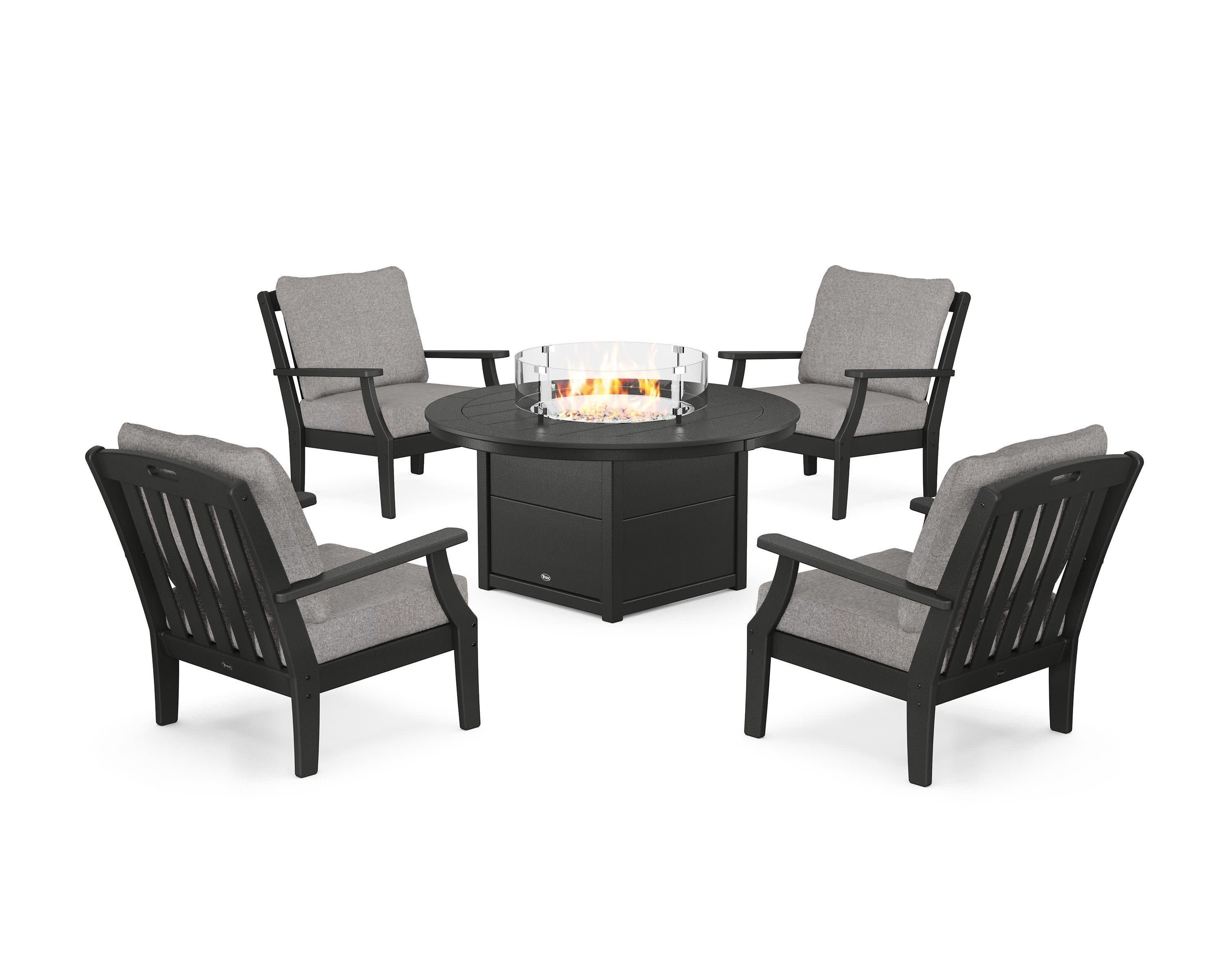 Yacht Club 5-Piece Deep Seating Set with Round Fire Pit Table in Charcoal Black / Grey Mist