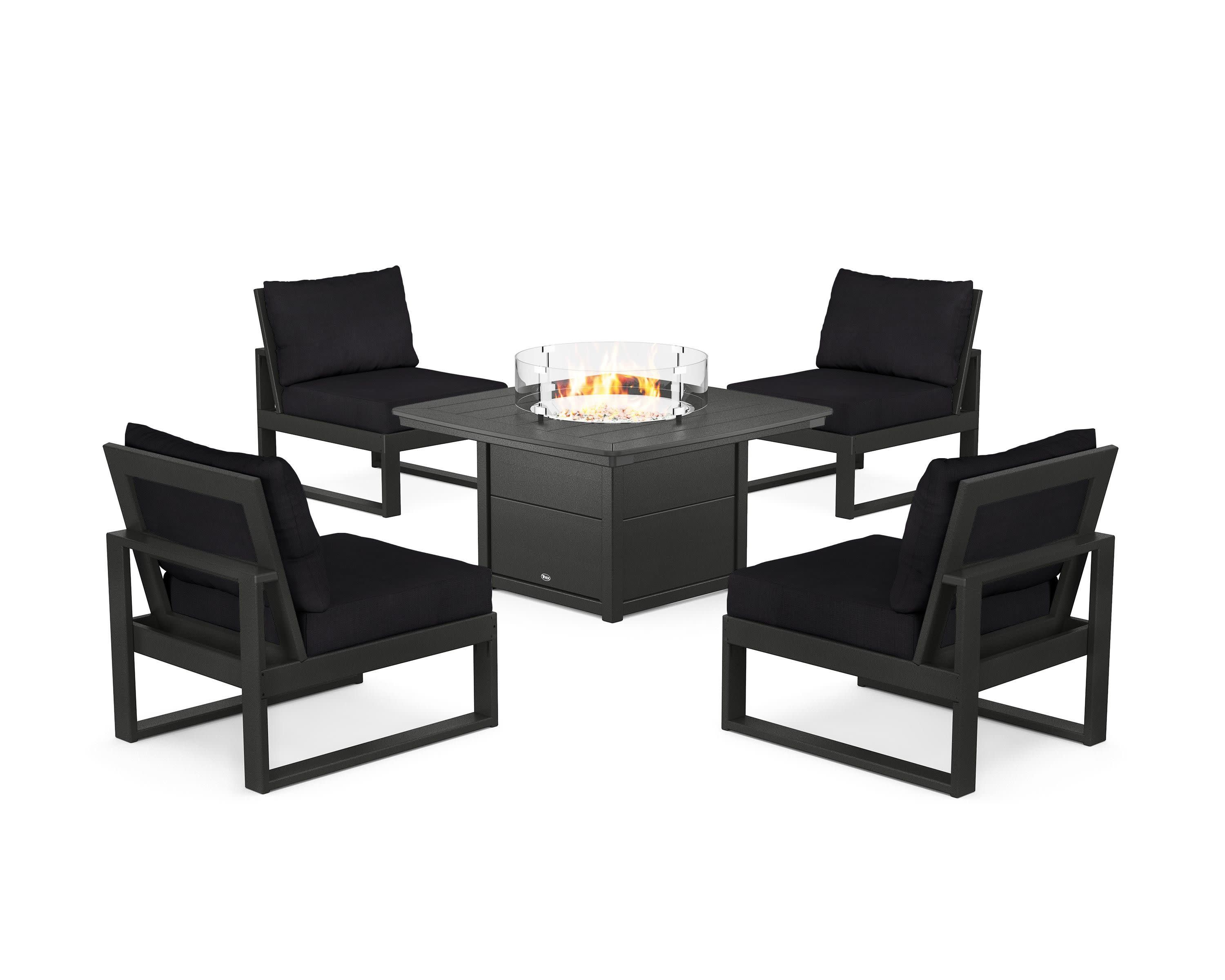 Eastport Modular 5-Piece Deep Seating Set with Yacht Club Fire Pit Table in Charcoal Black / Midnight Linen