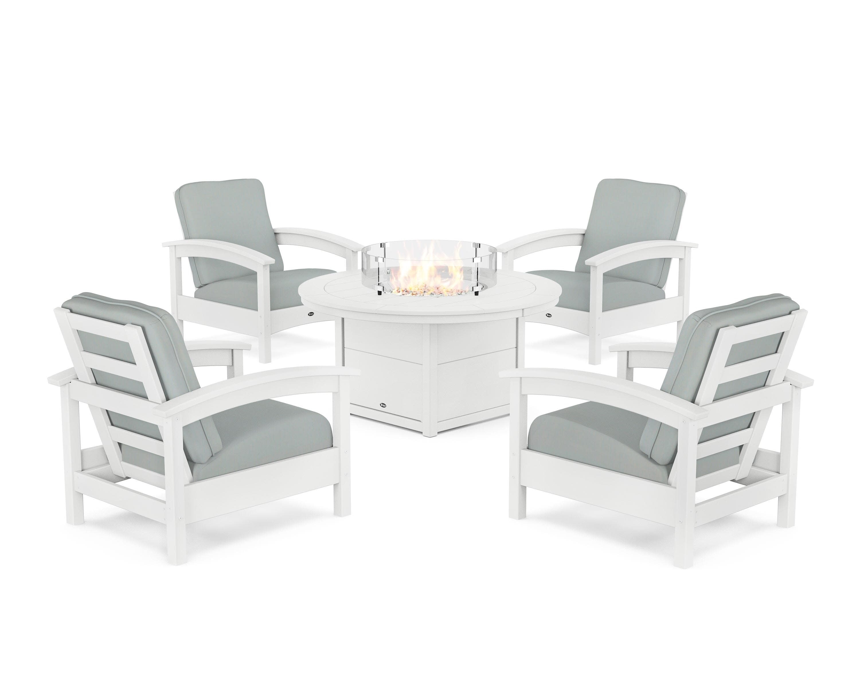 Rockport 5-Piece Deep Seating Set with Round Fire Pit Table in Classic White / Spa