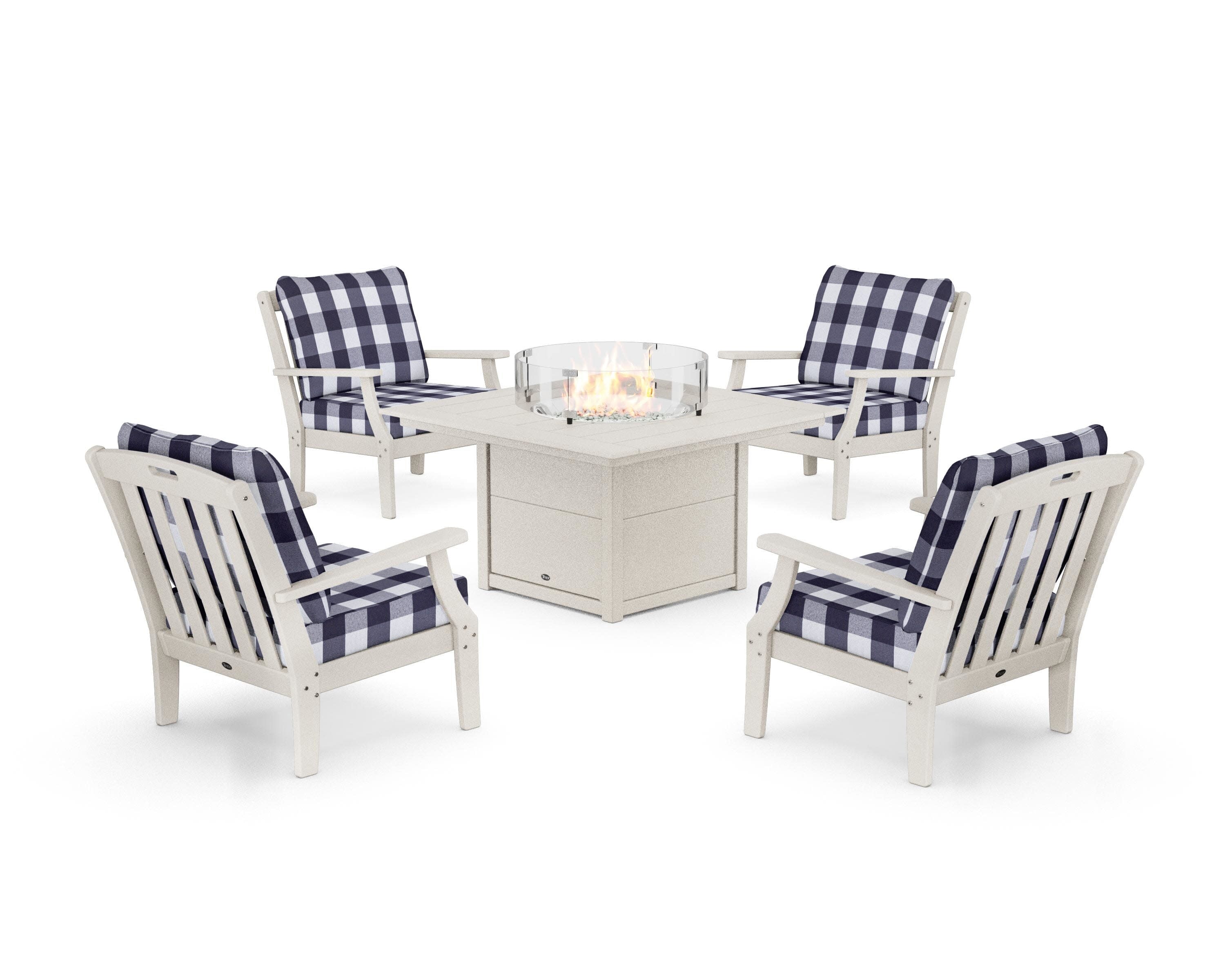 Yacht Club 5-Piece Deep Seating Set with Square Fire Pit Table in Sand Castle / Buffalo Plaid Navy