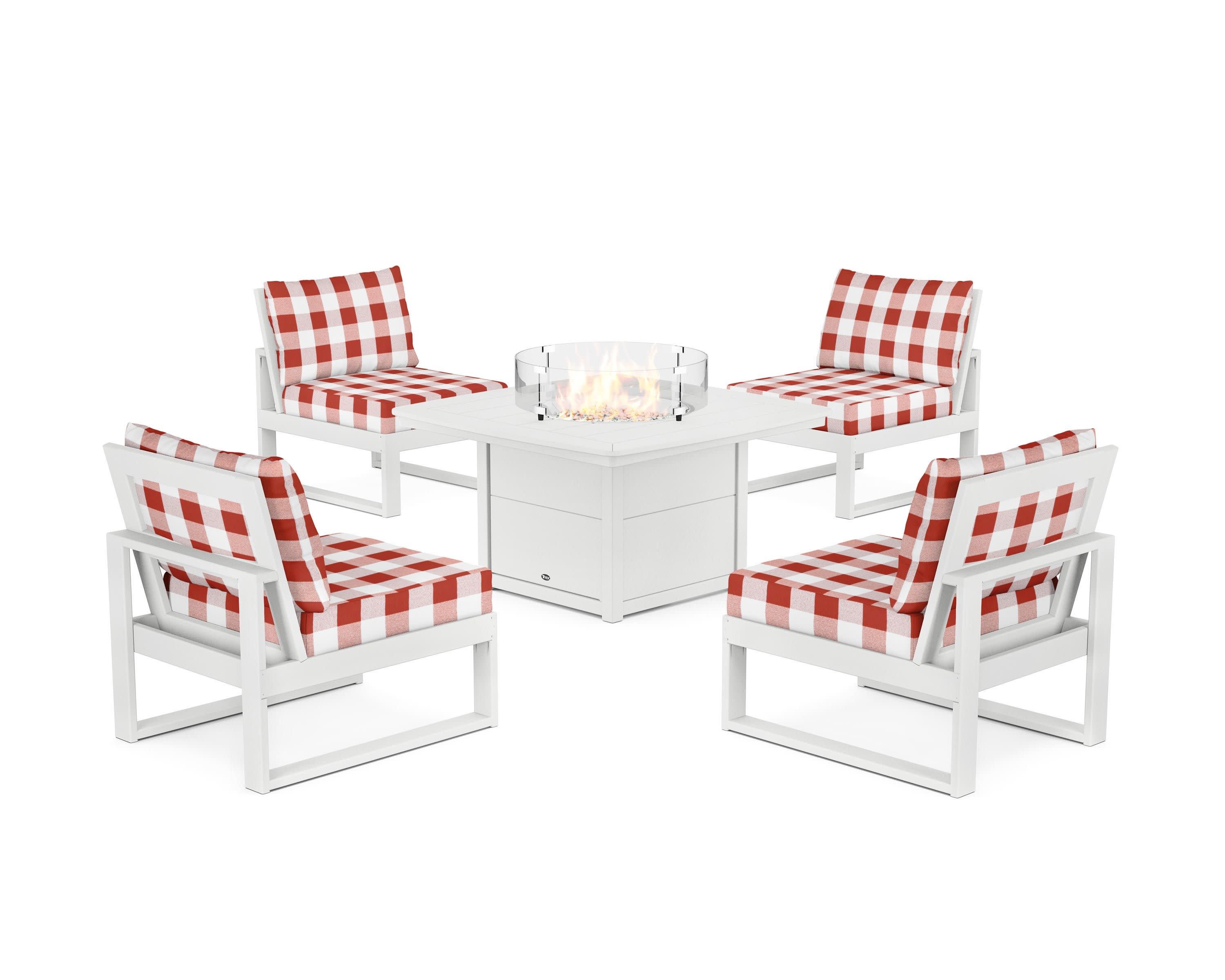 Eastport Modular 5-Piece Deep Seating Set with Yacht Club Fire Pit Table in Classic White / Buffalo Plaid Crimson