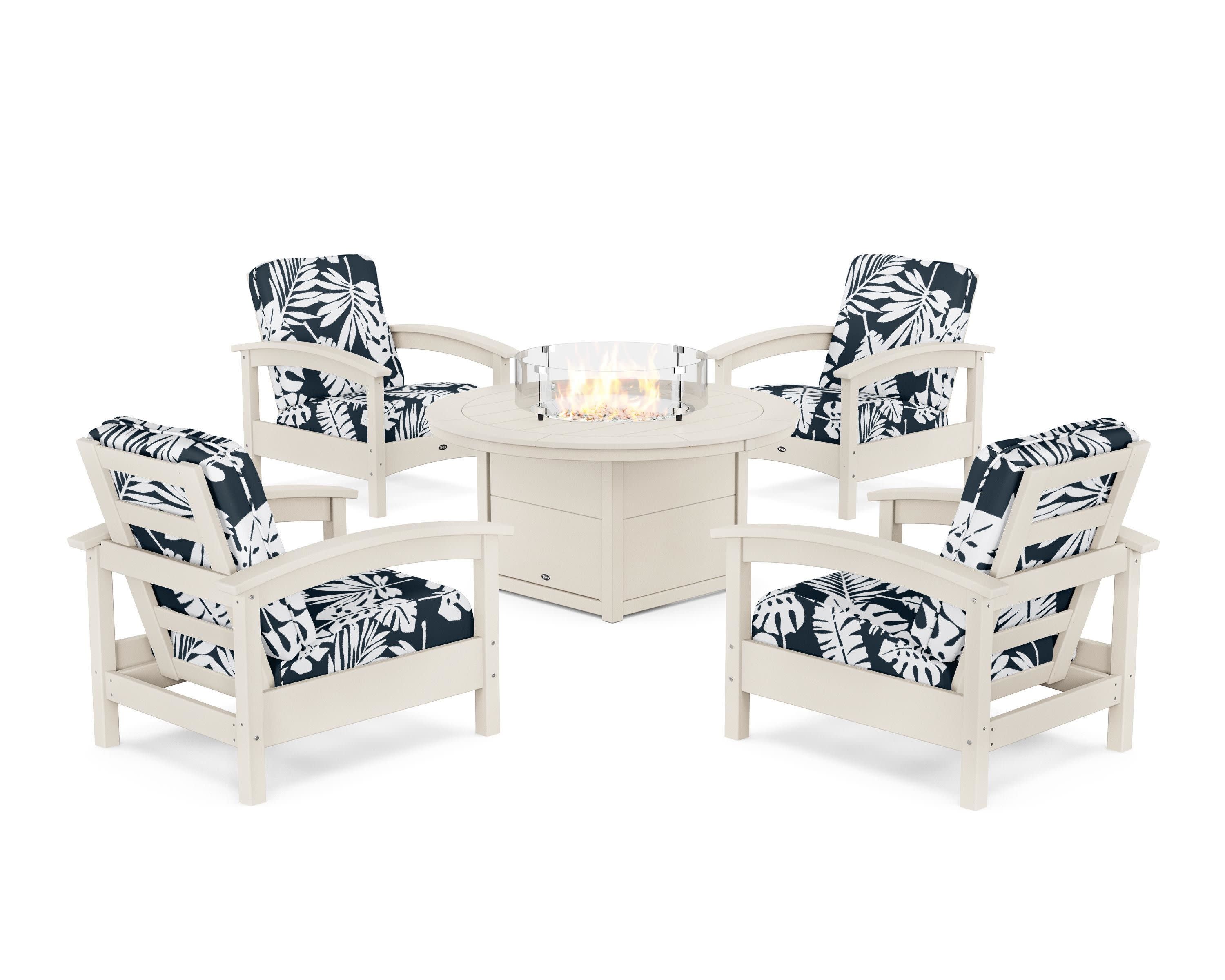 Rockport 5-Piece Deep Seating Set with Round Fire Pit Table in Sand Castle / Leaf Marine Indigo