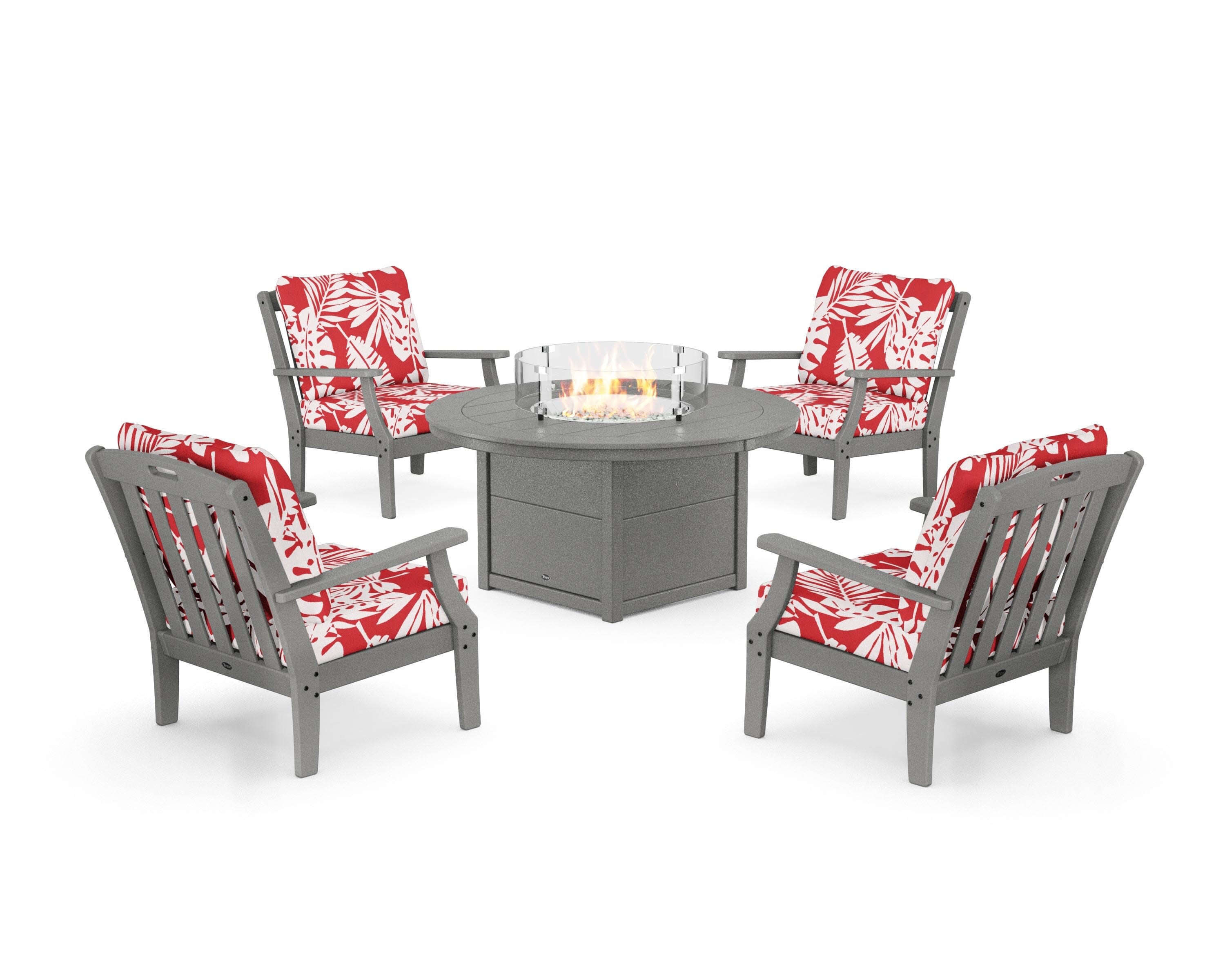 Yacht Club 5-Piece Deep Seating Set with Round Fire Pit Table in Stepping Stone / Leaf Crimson