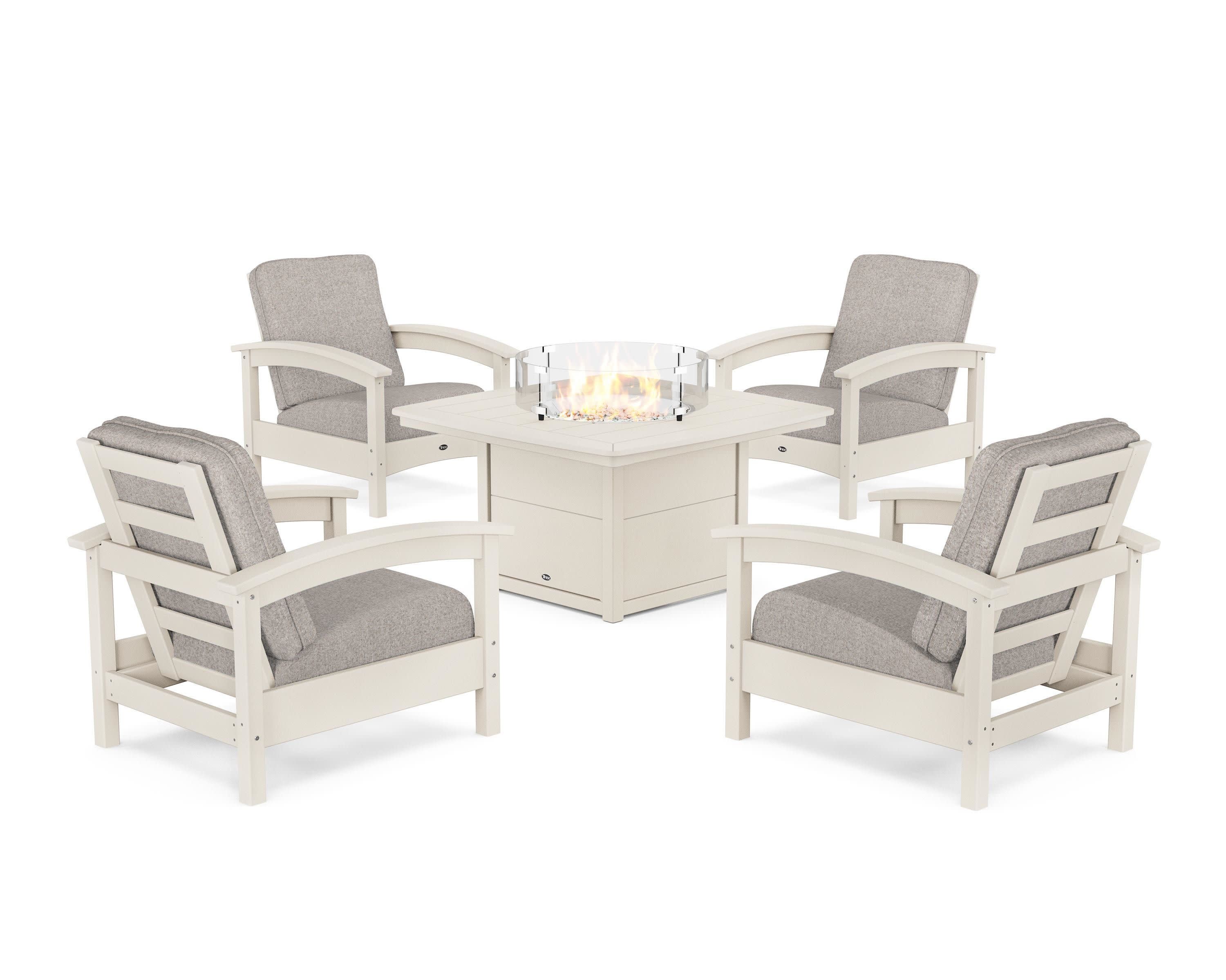 Rockport 5-Piece Deep Seating Set with Yacht Club Fire Pit Table in Sand Castle / Weathered Tweed