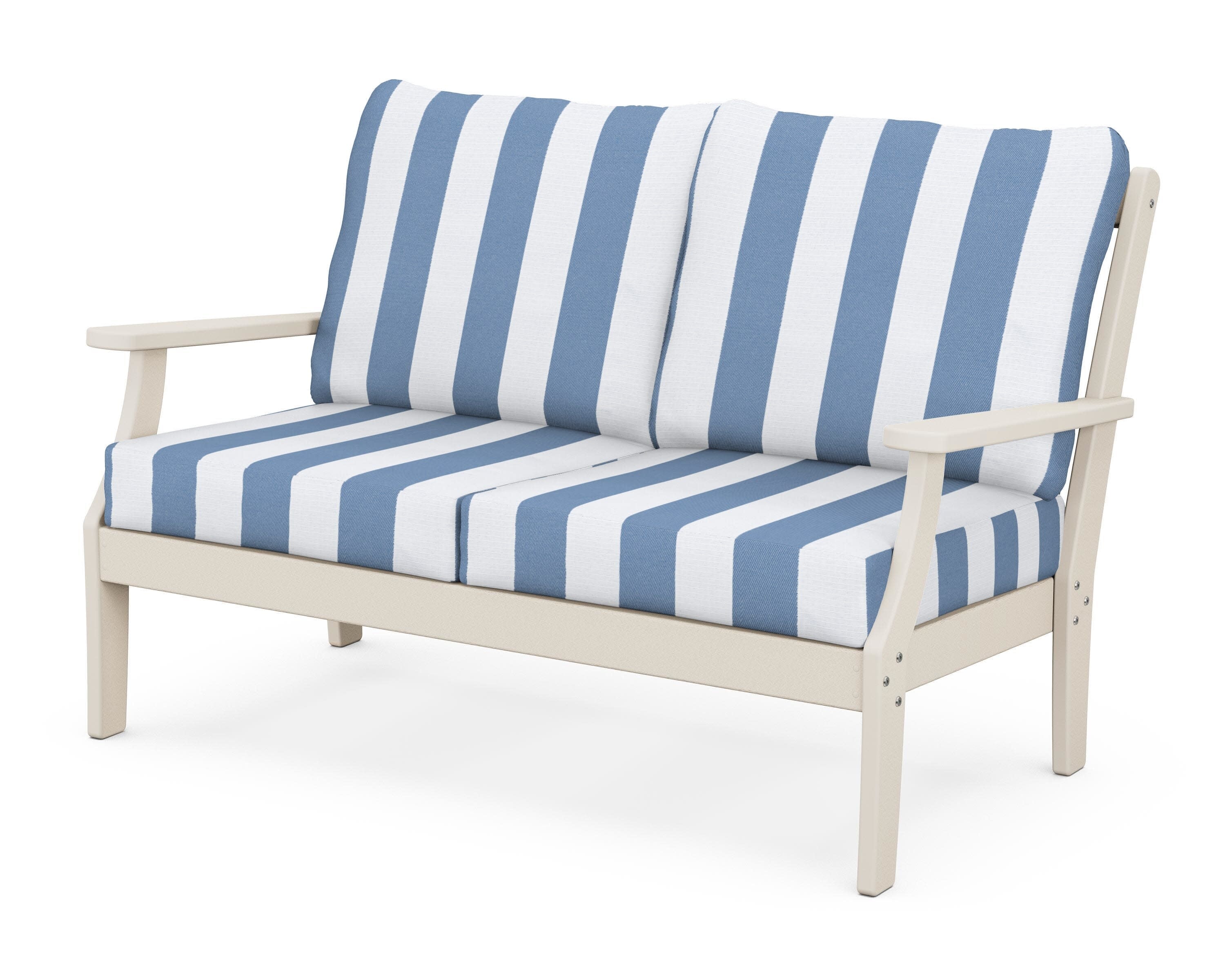 Yacht Club Deep Seating Loveseat in Sand Castle / Cabana Stripe Sky Blue