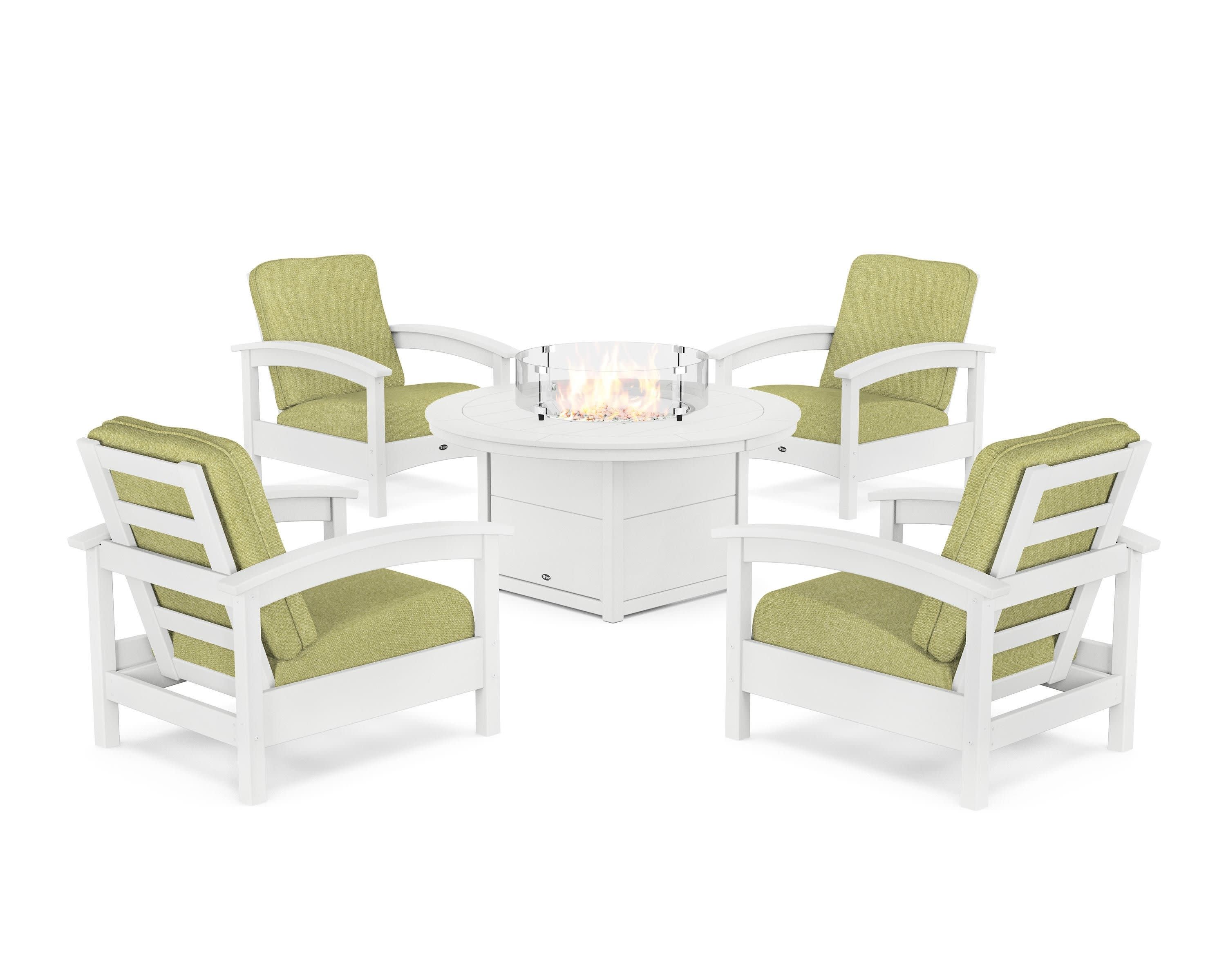 Rockport 5-Piece Deep Seating Set with Round Fire Pit Table in Classic White / Chartreuse Boucle