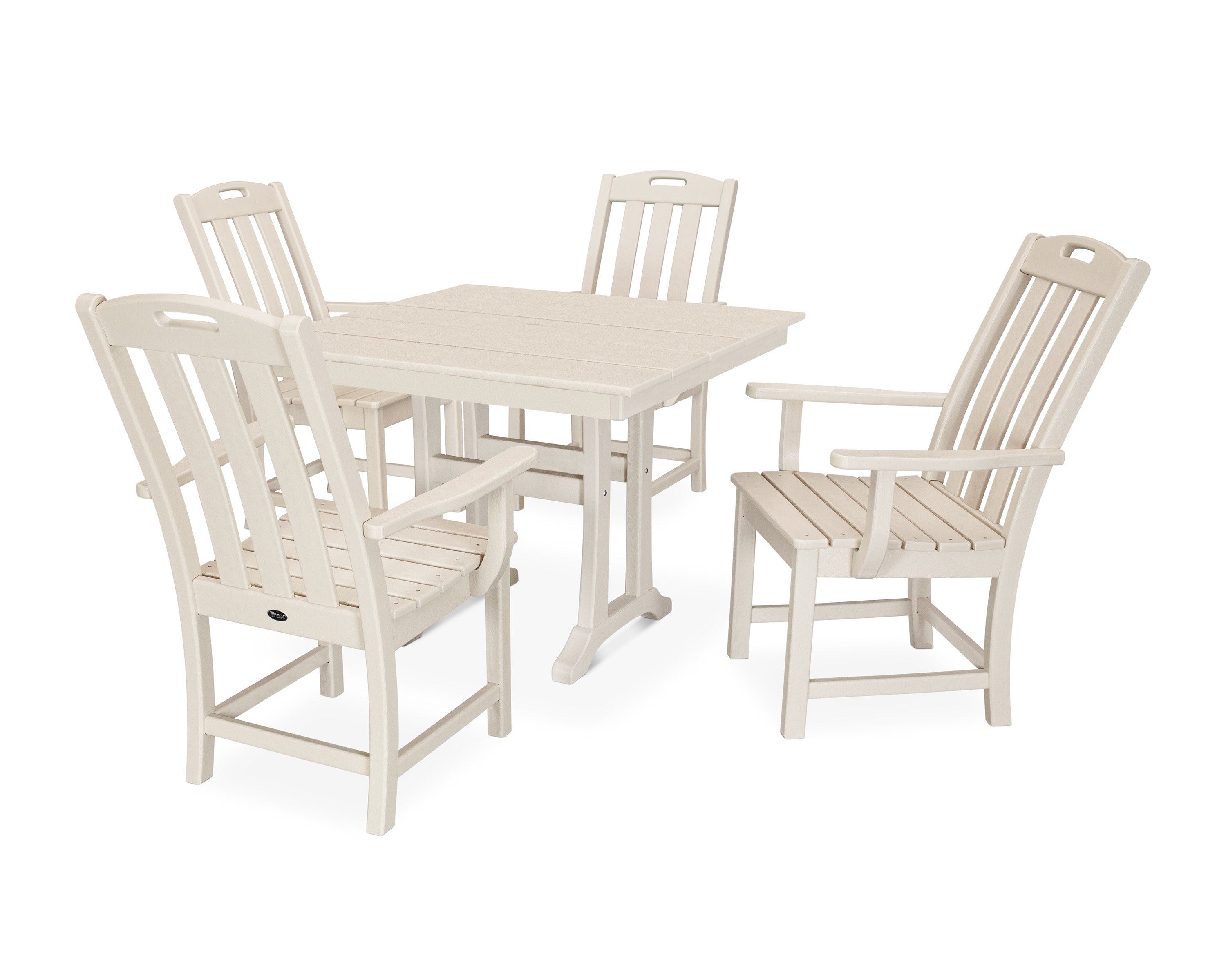 Yacht Club 5-Piece Farmhouse Trestle Arm Chair Dining Set in Sand Castle