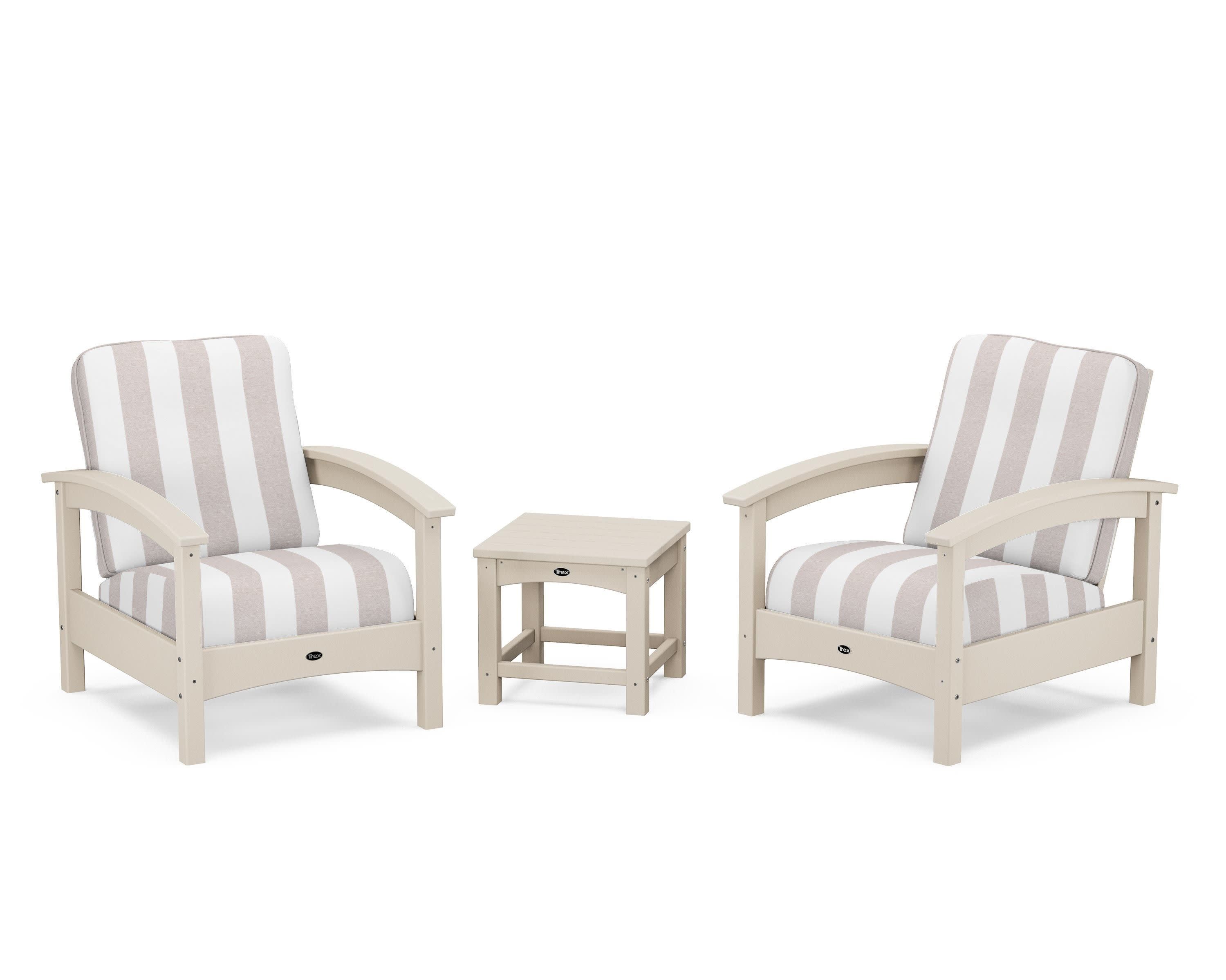 Rockport Club 3-Piece Deep Seating Conversation Set in Sand Castle / Cabana Stripe Dune Burlap