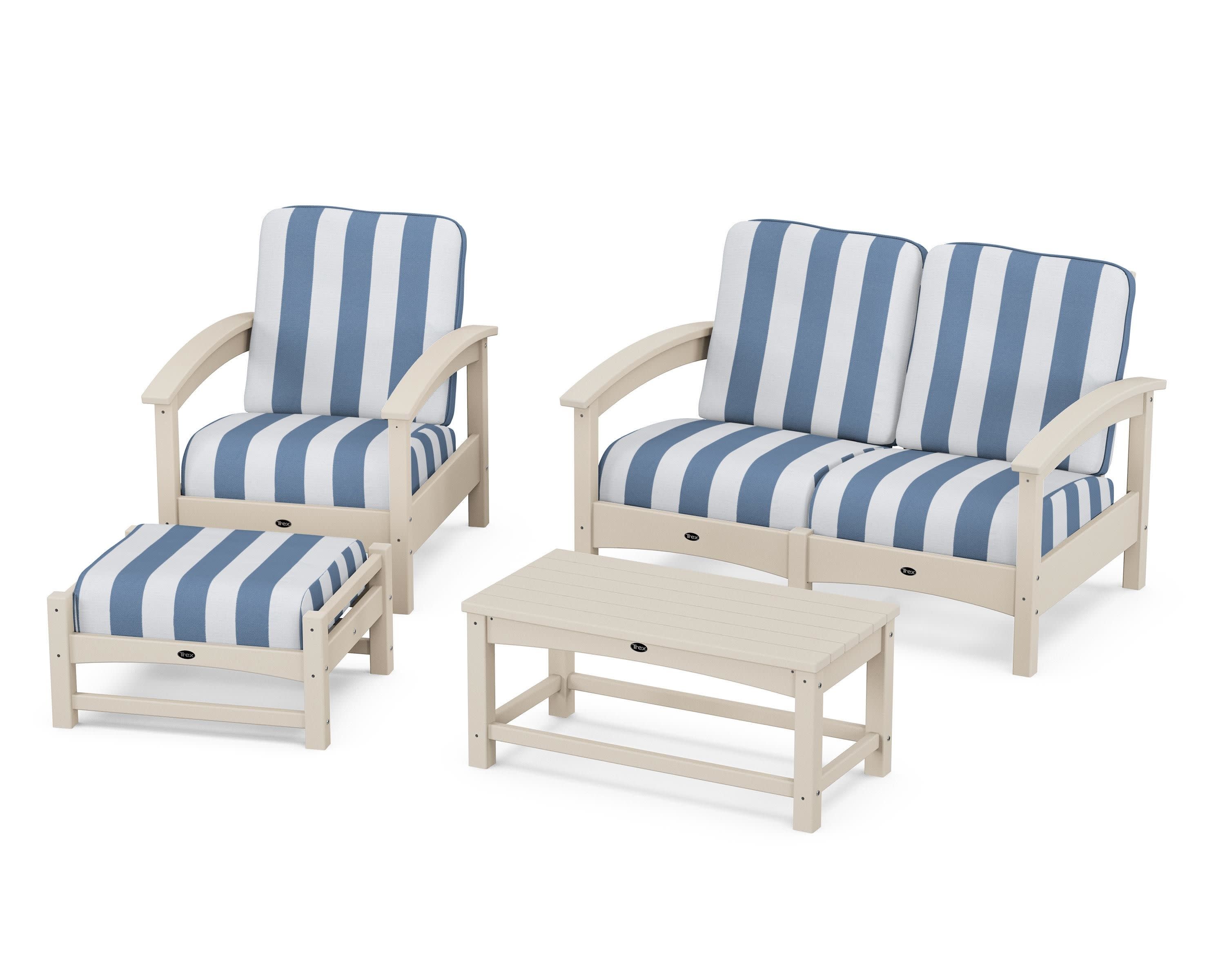 Rockport 4-Piece Deep Seating Conversation Group in Sand Castle / Cabana Stripe Sky Blue