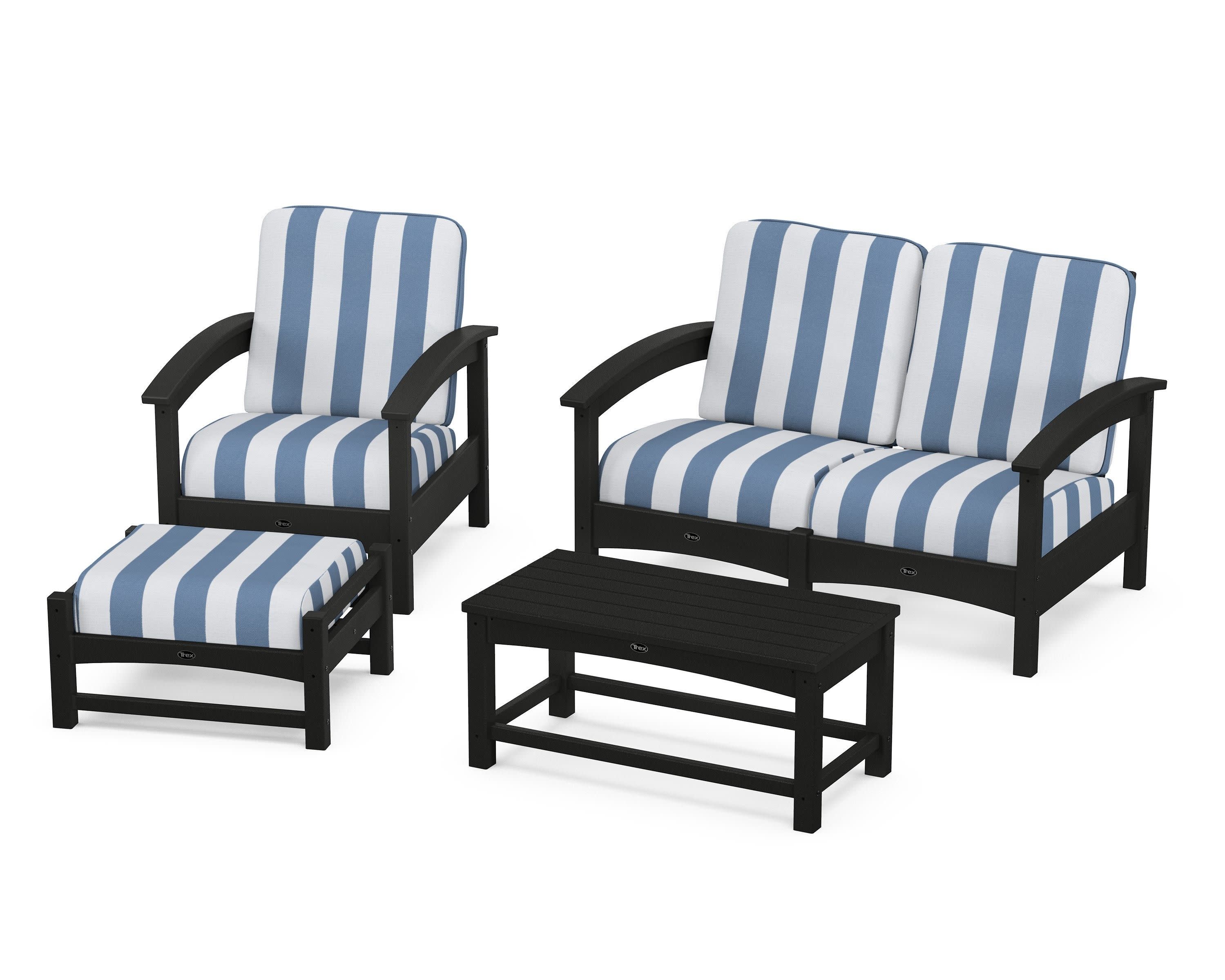 Rockport 4-Piece Deep Seating Conversation Group in Charcoal Black / Cabana Stripe Sky Blue