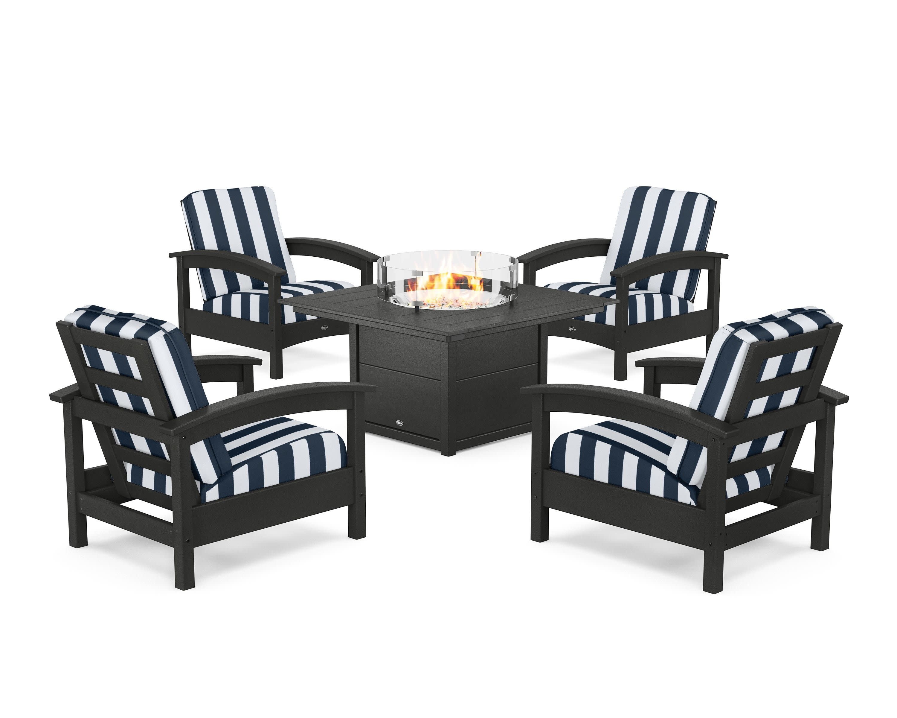 Rockport 5-Piece Deep Seating Set with Square Fire Pit Table in Charcoal Black / Cabana Stripe Marine Indigo