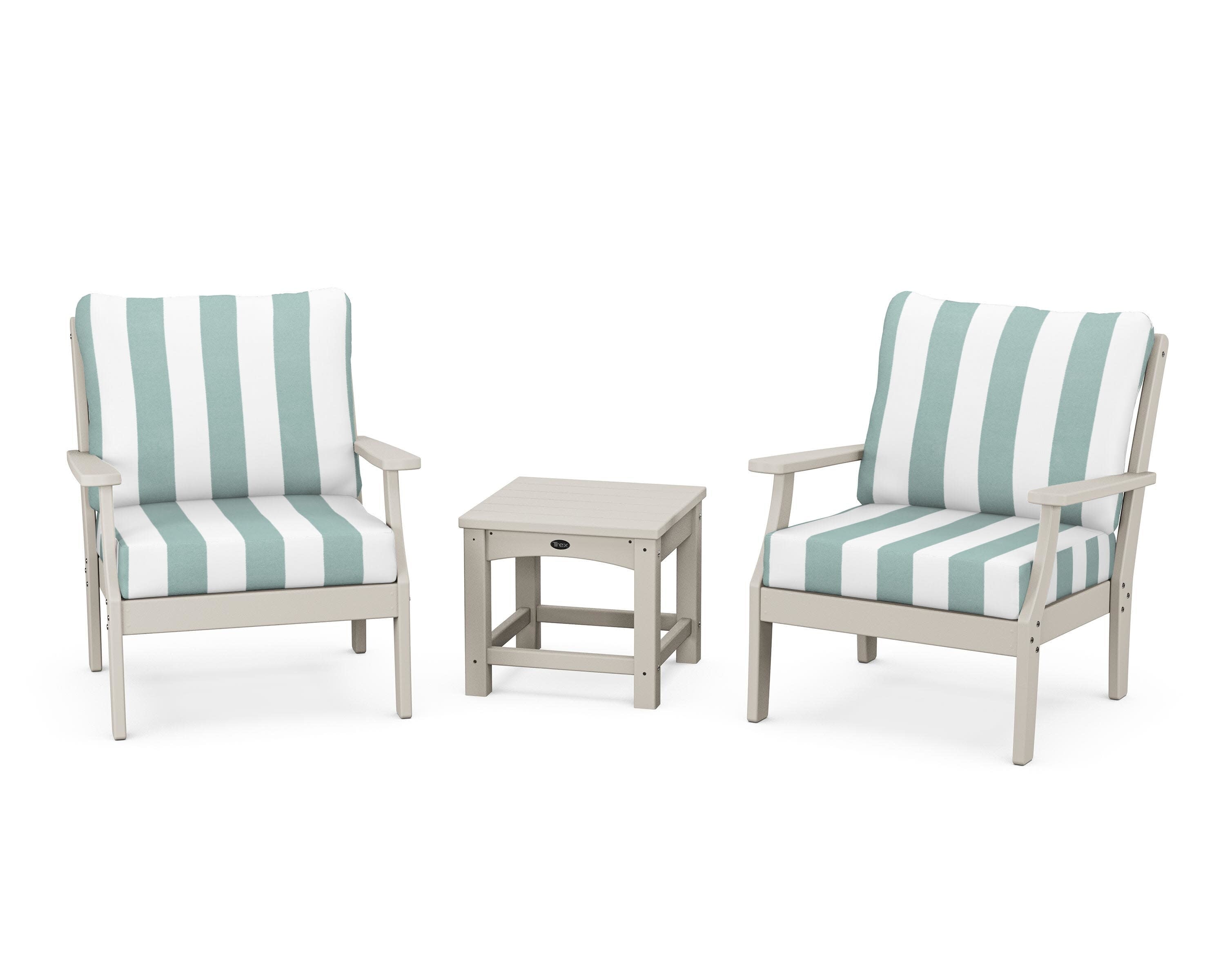 Yacht Club 3-Piece Deep Seating Set in Sand Castle / Cabana Stripe Glacier Spa