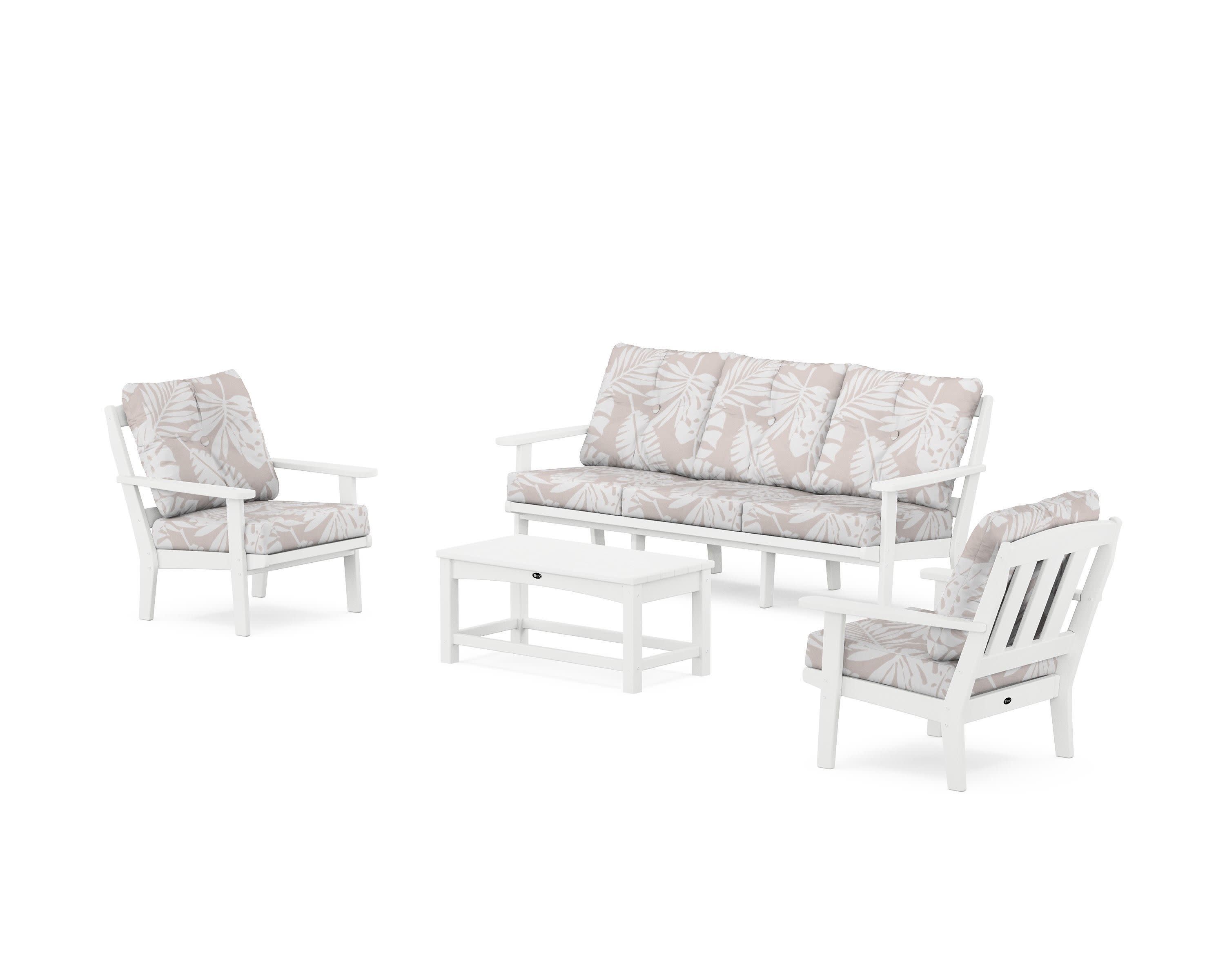 Cape Cod 4-Piece Deep Seating Set with Sofa in Classic White / Leaf Dune Burlap