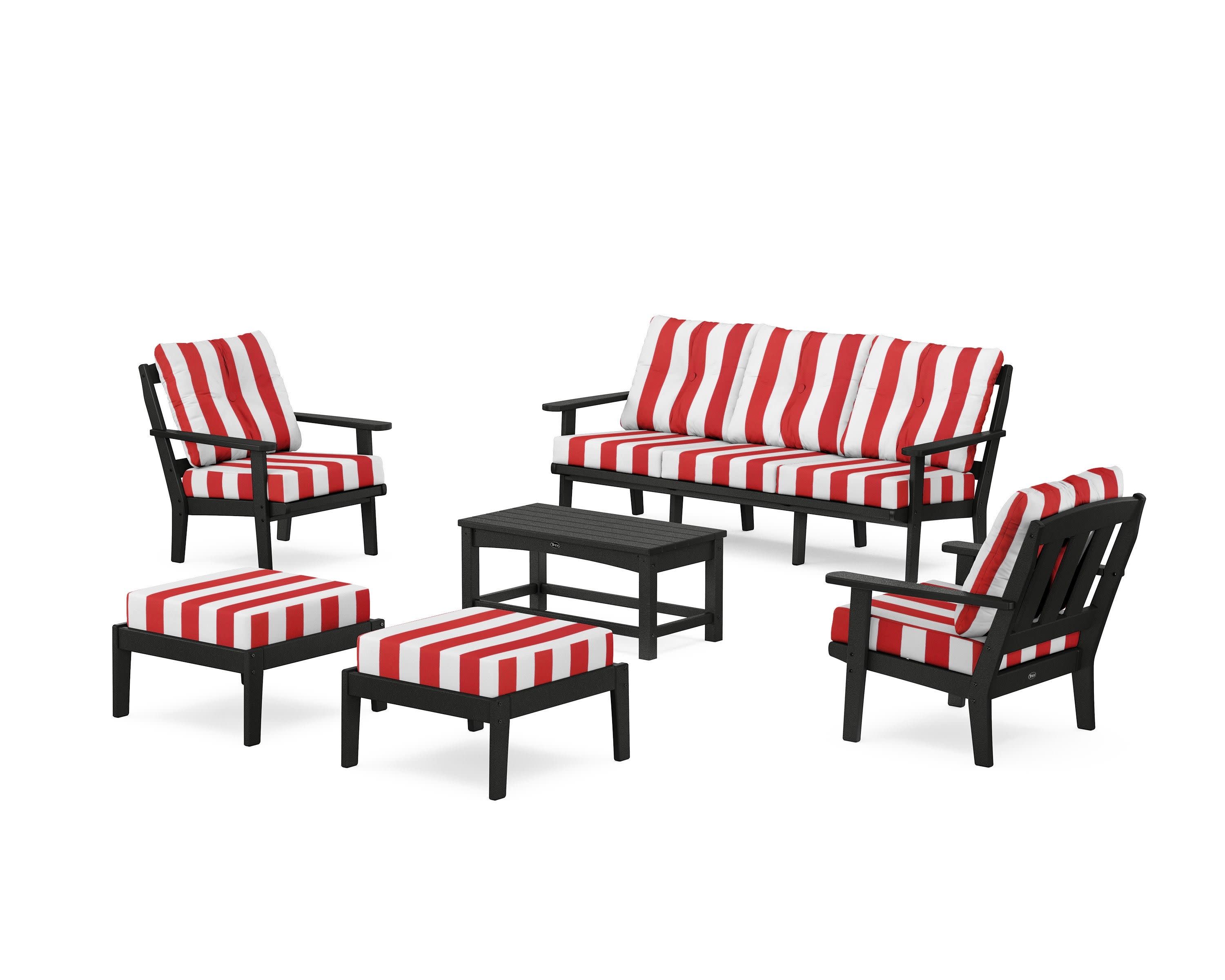 Cape Cod 6-Piece Lounge Sofa Set in Charcoal Black / Cabana Stripe Crimson