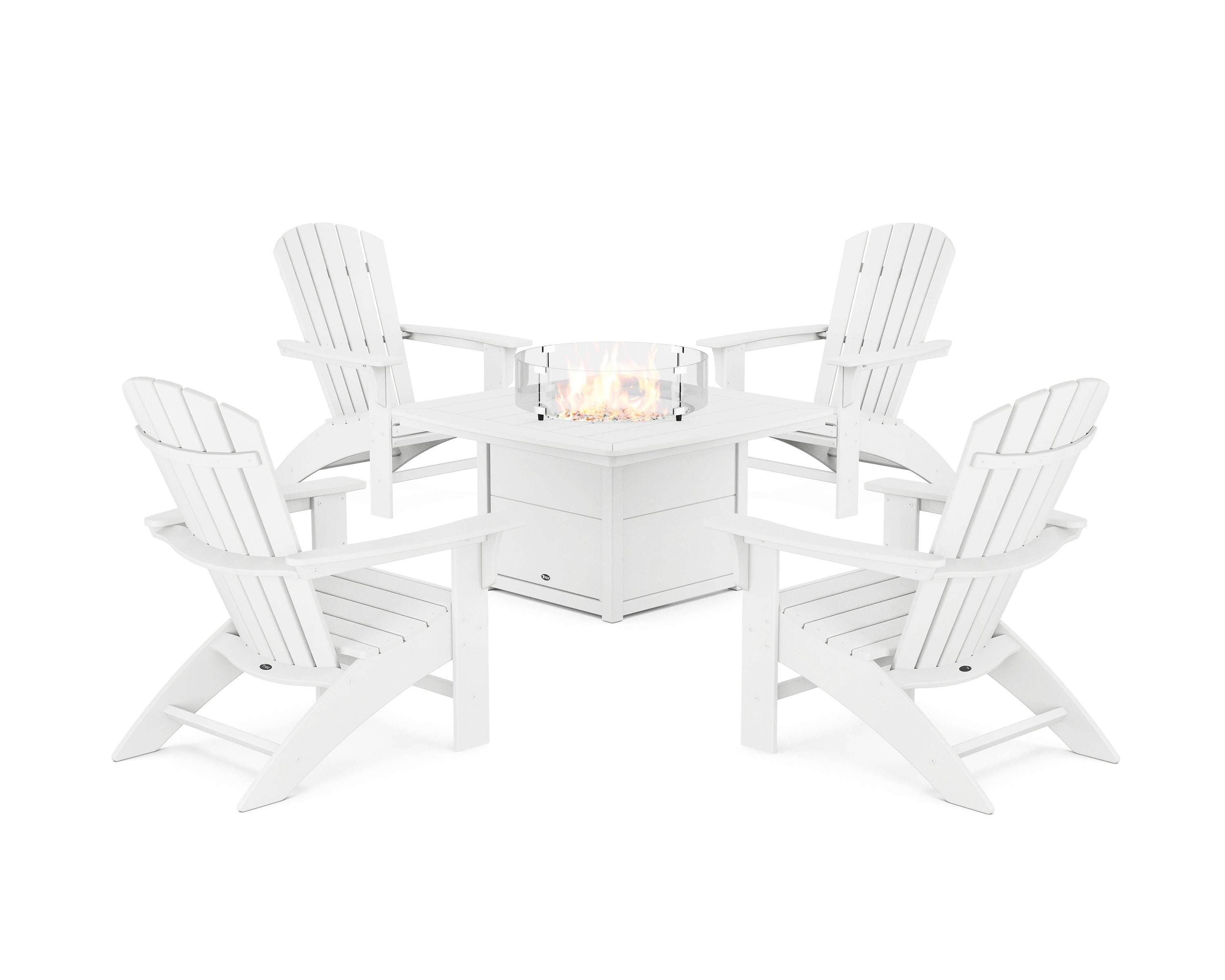 Yacht Club Adirondack 5-Piece Set with Fire Pit Table in Classic White