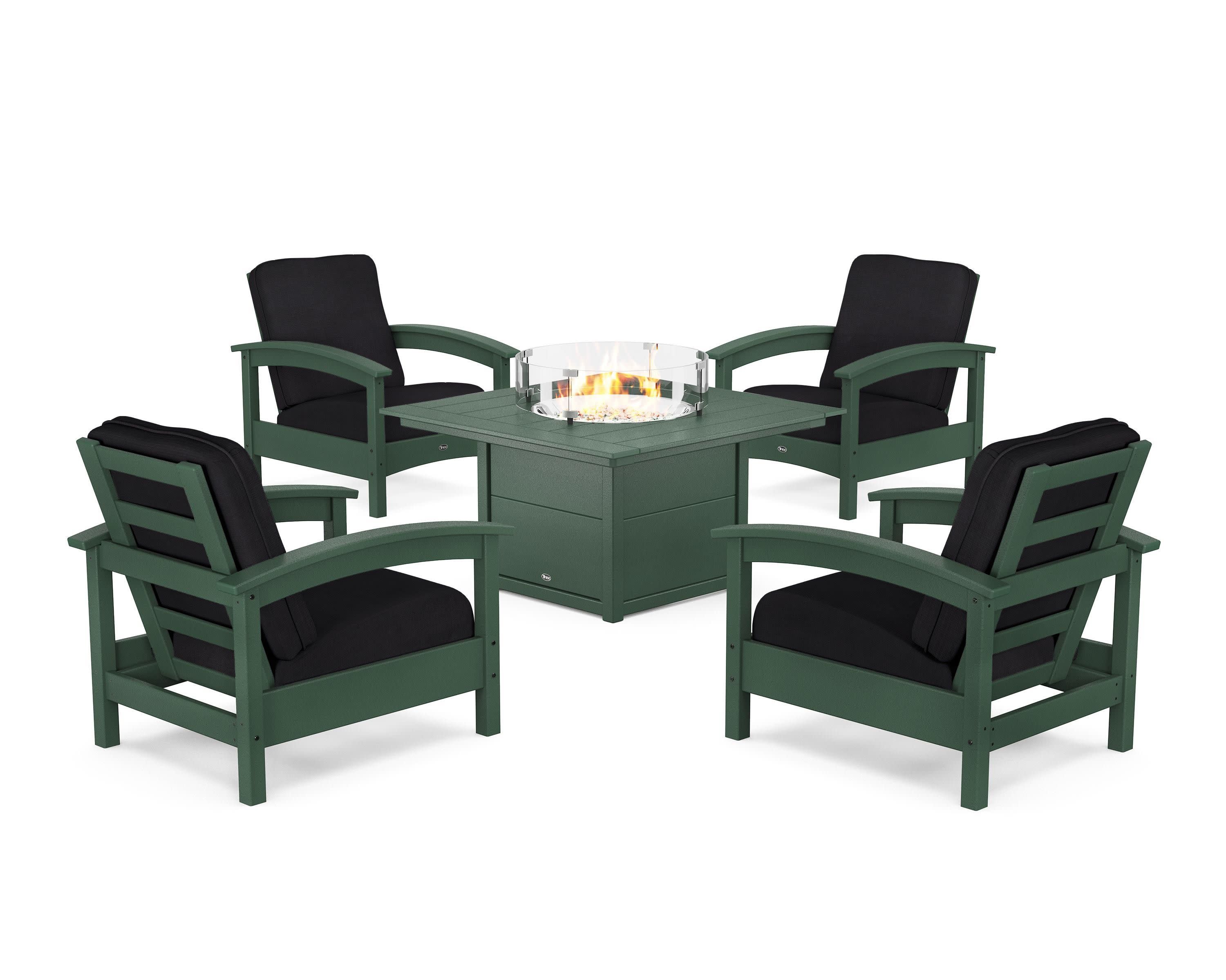 Rockport 5-Piece Deep Seating Set with Square Fire Pit Table in Rainforest Canopy / Midnight Linen