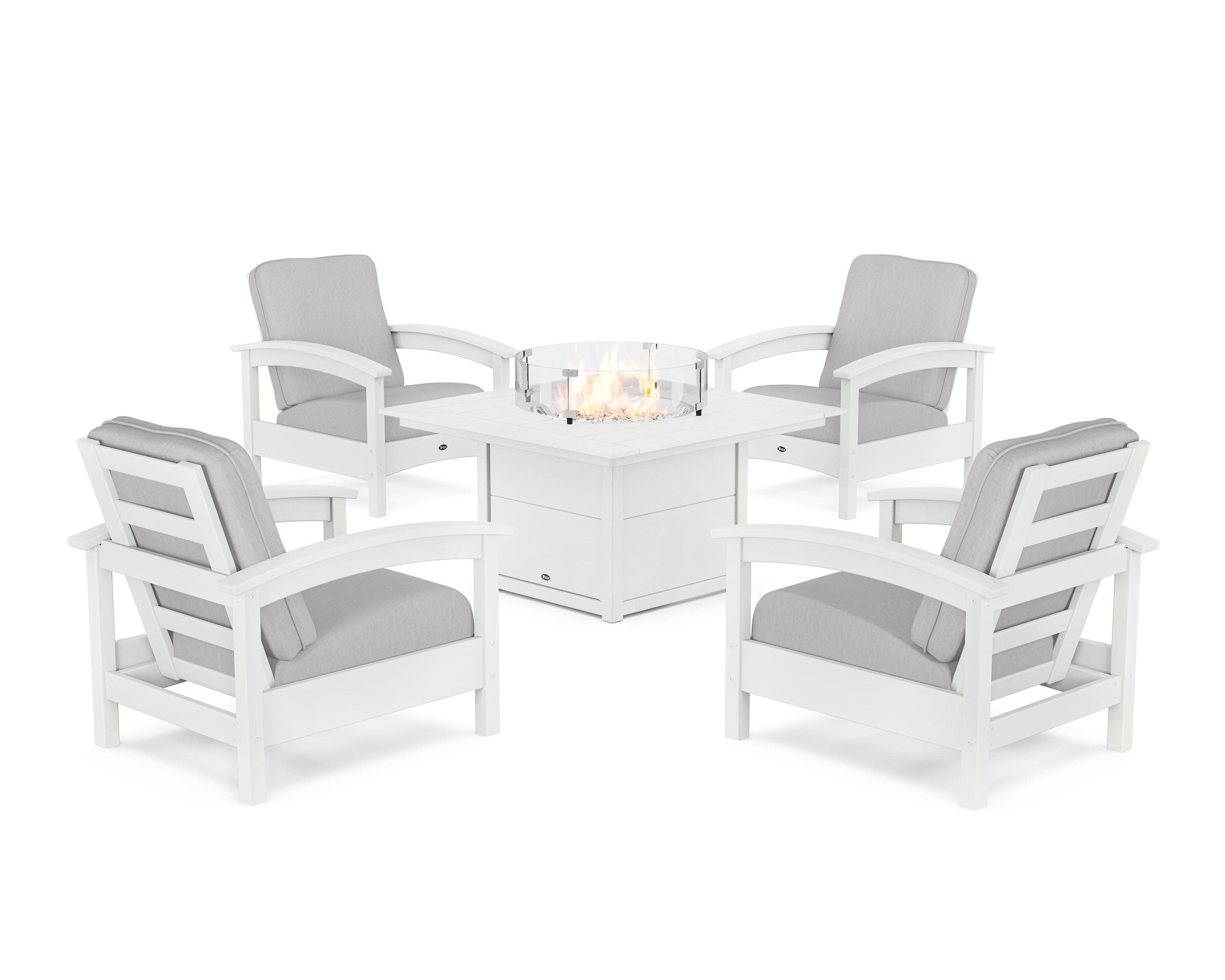 Rockport 5-Piece Deep Seating Set with Square Fire Pit Table in Classic White / Granite