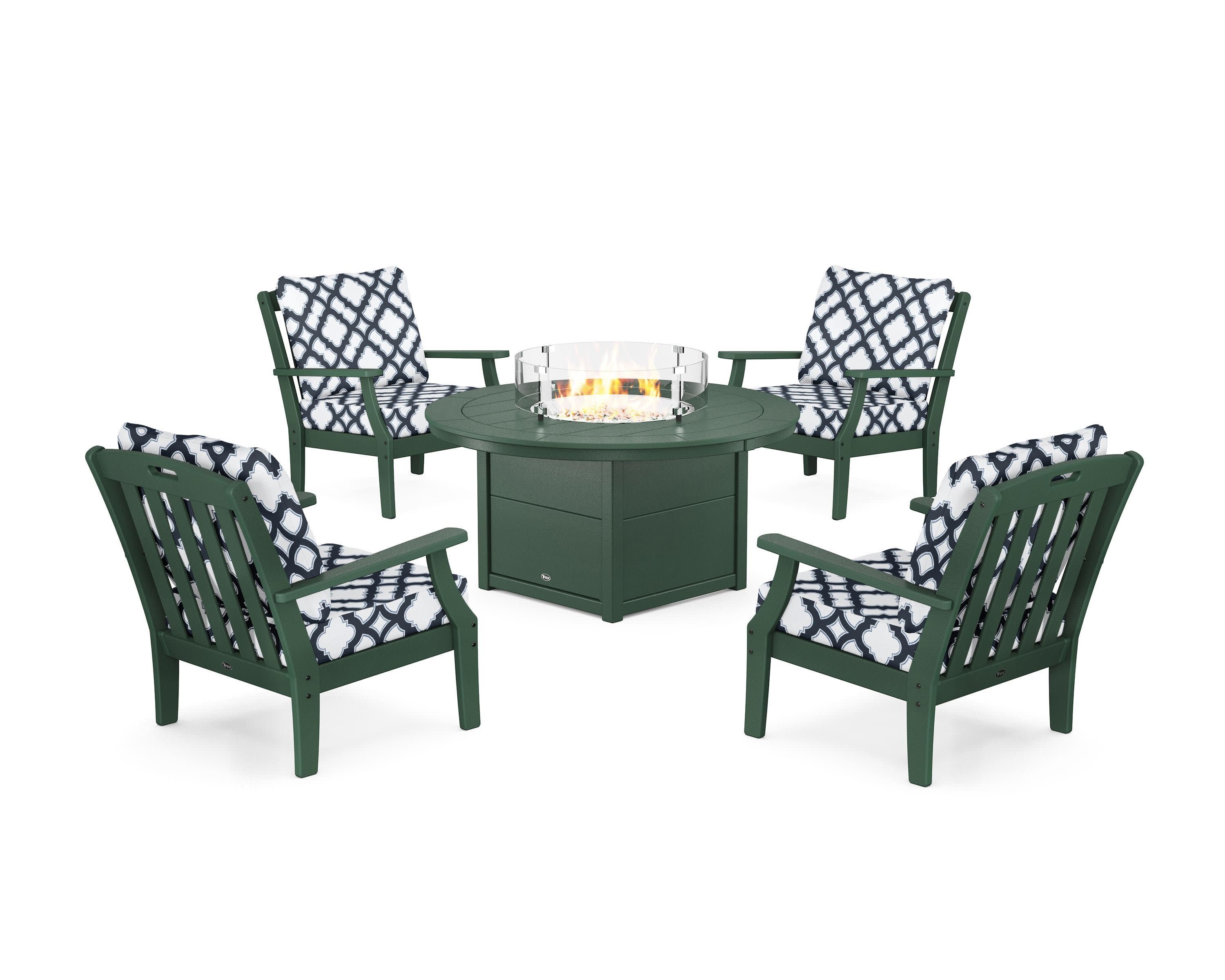 Yacht Club 5-Piece Deep Seating Set with Round Fire Pit Table in Rainforest Canopy / Trellis Marine Indigo