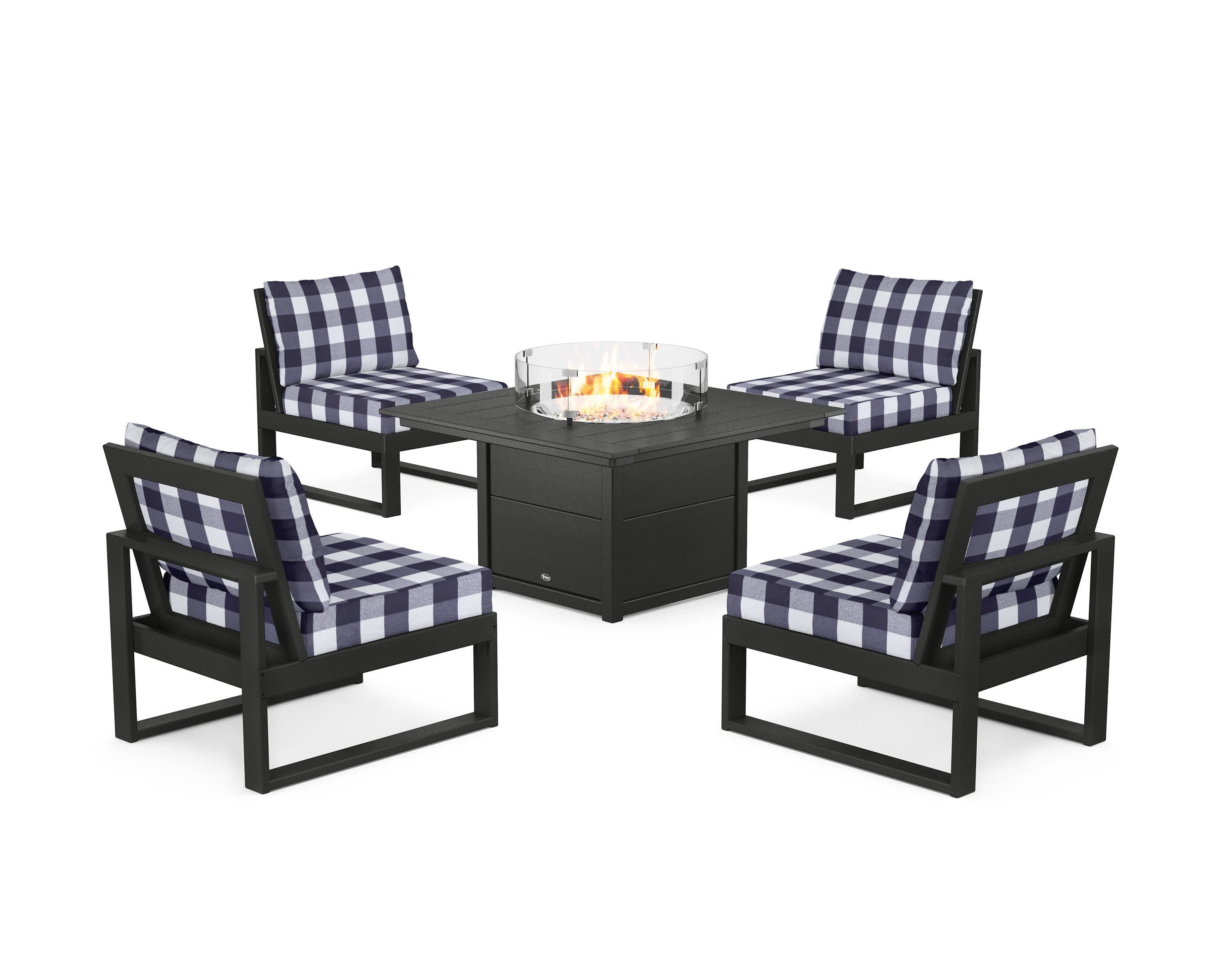 Eastport Modular 5-Piece Deep Seating Set with Square Fire Pit Table in Charcoal Black / Buffalo Plaid Navy