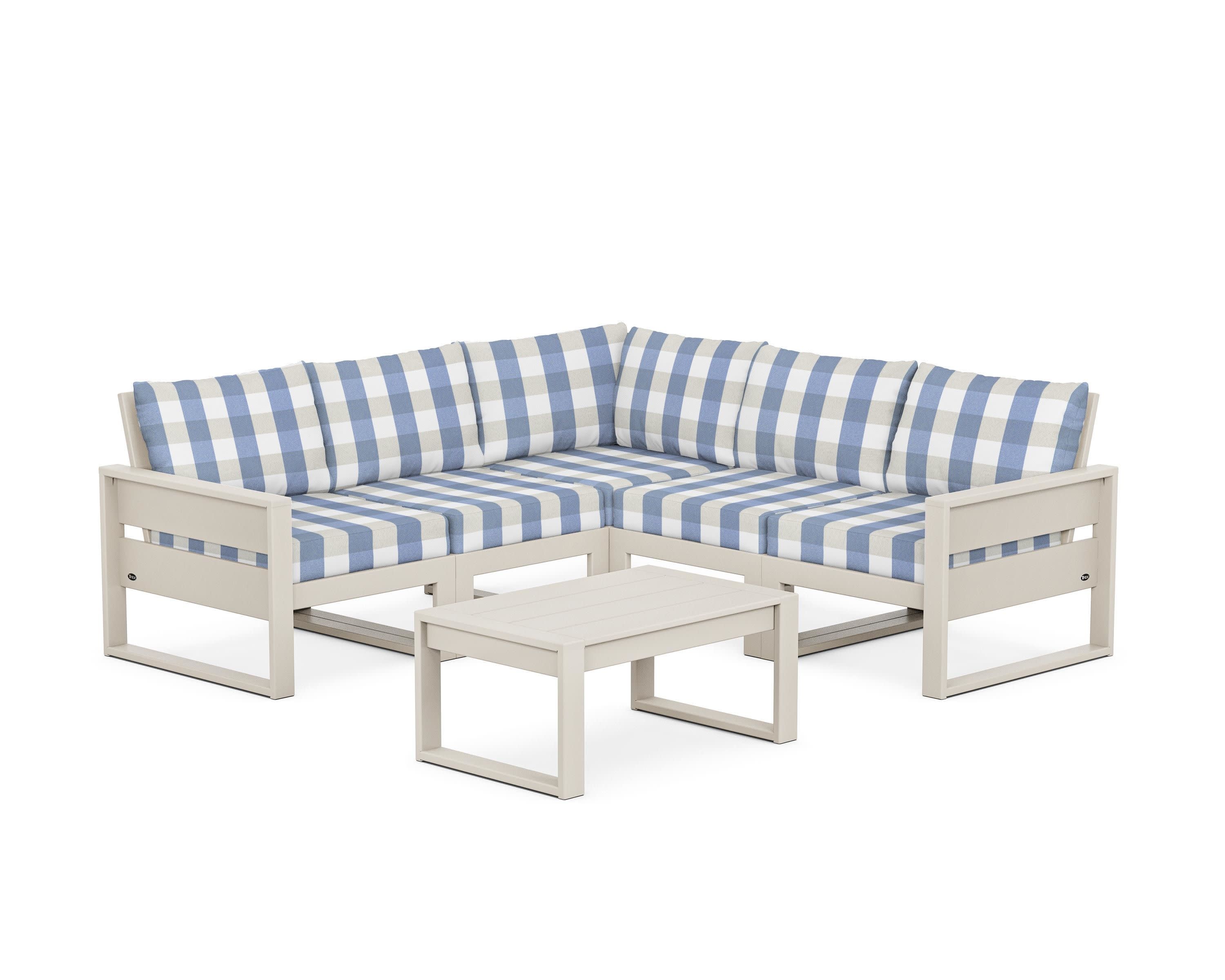 Eastport 6-Piece Deep Seating Sectional + Coffee Table Set in Sand Castle / Buffalo Plaid Sky Blue