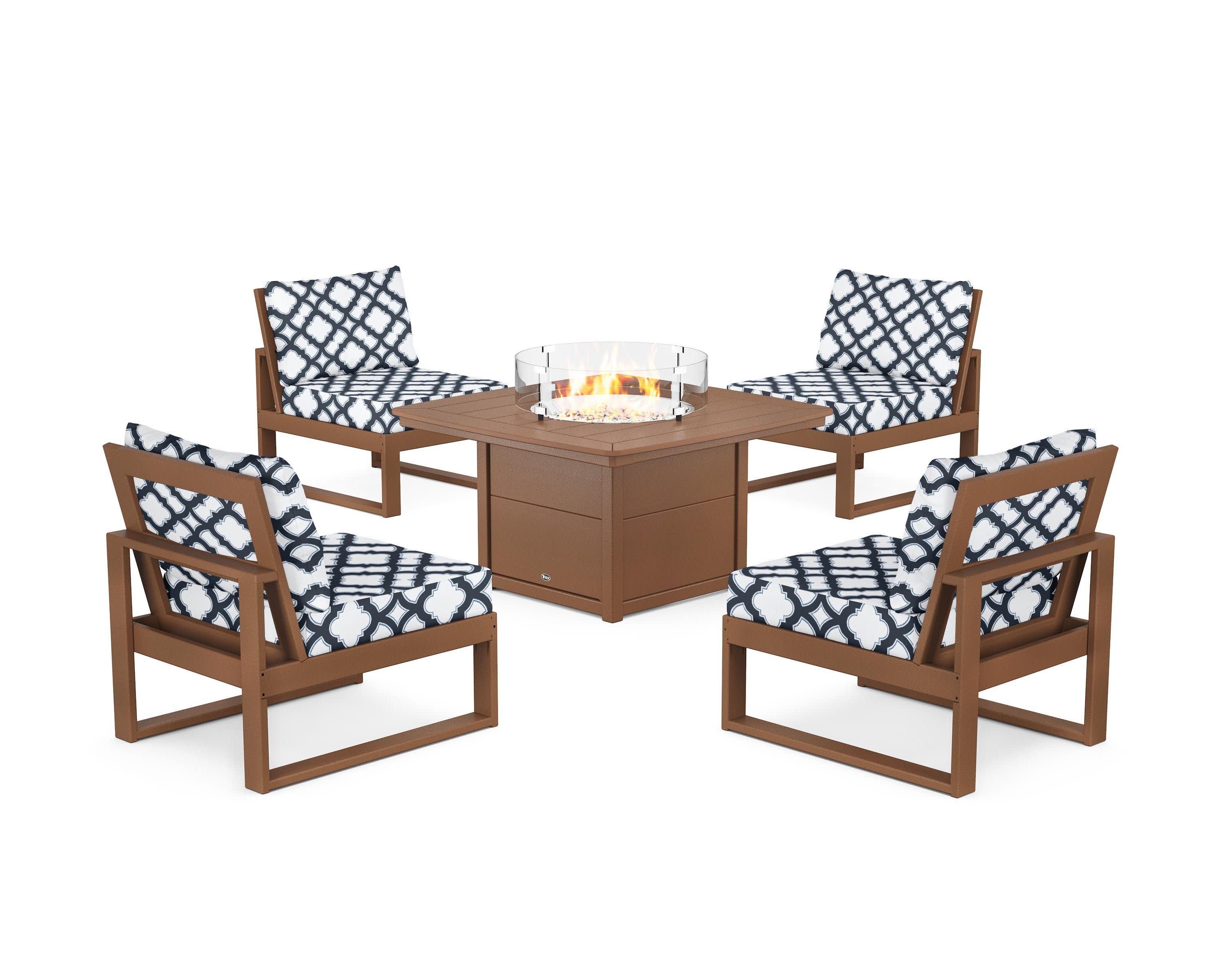 Eastport Modular 5-Piece Deep Seating Set with Yacht Club Fire Pit Table in Tree House / Trellis Marine Indigo