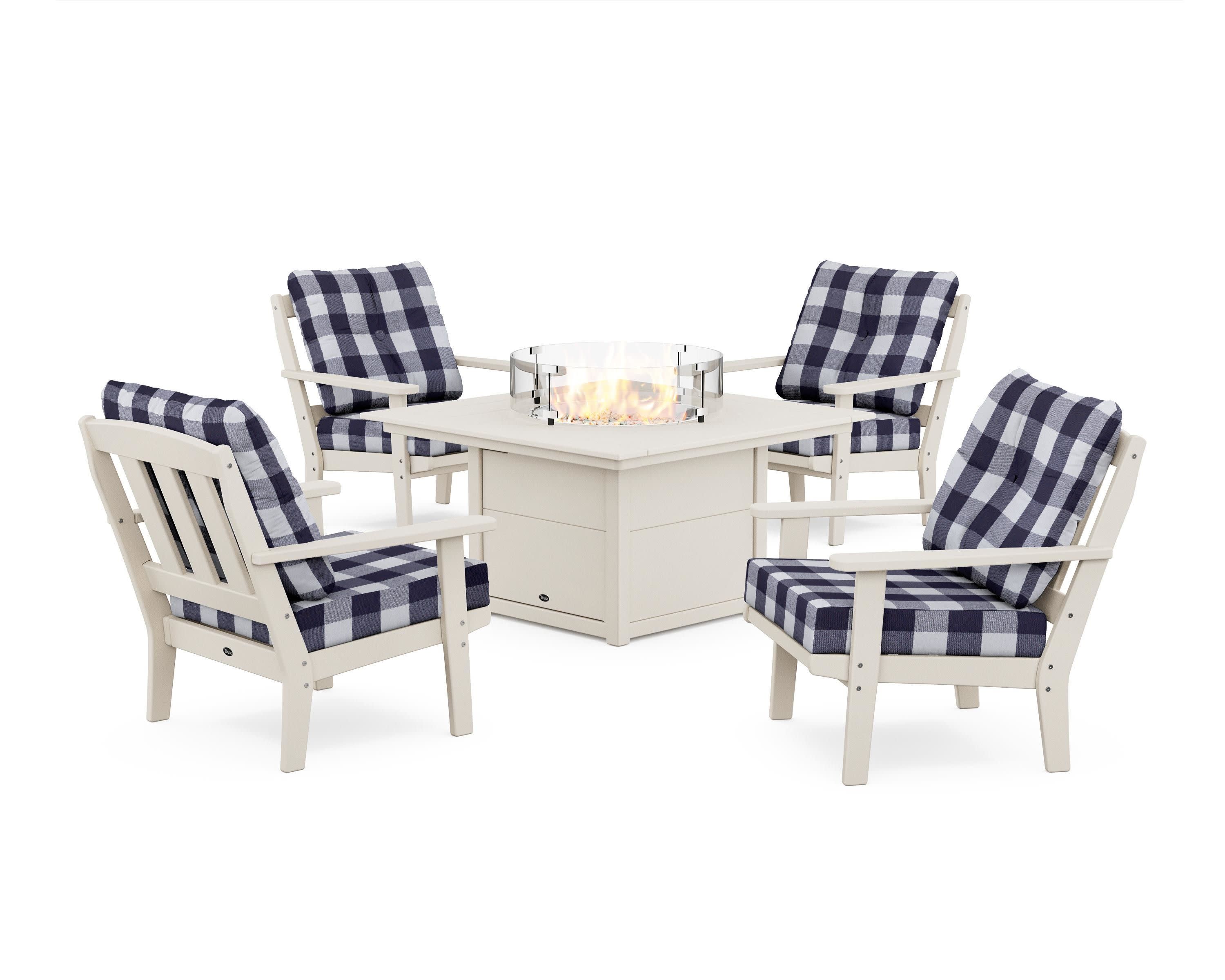 Cape Cod 5-Piece Deep Seating Set with Fire Pit Table in Sand Castle / Buffalo Plaid Navy