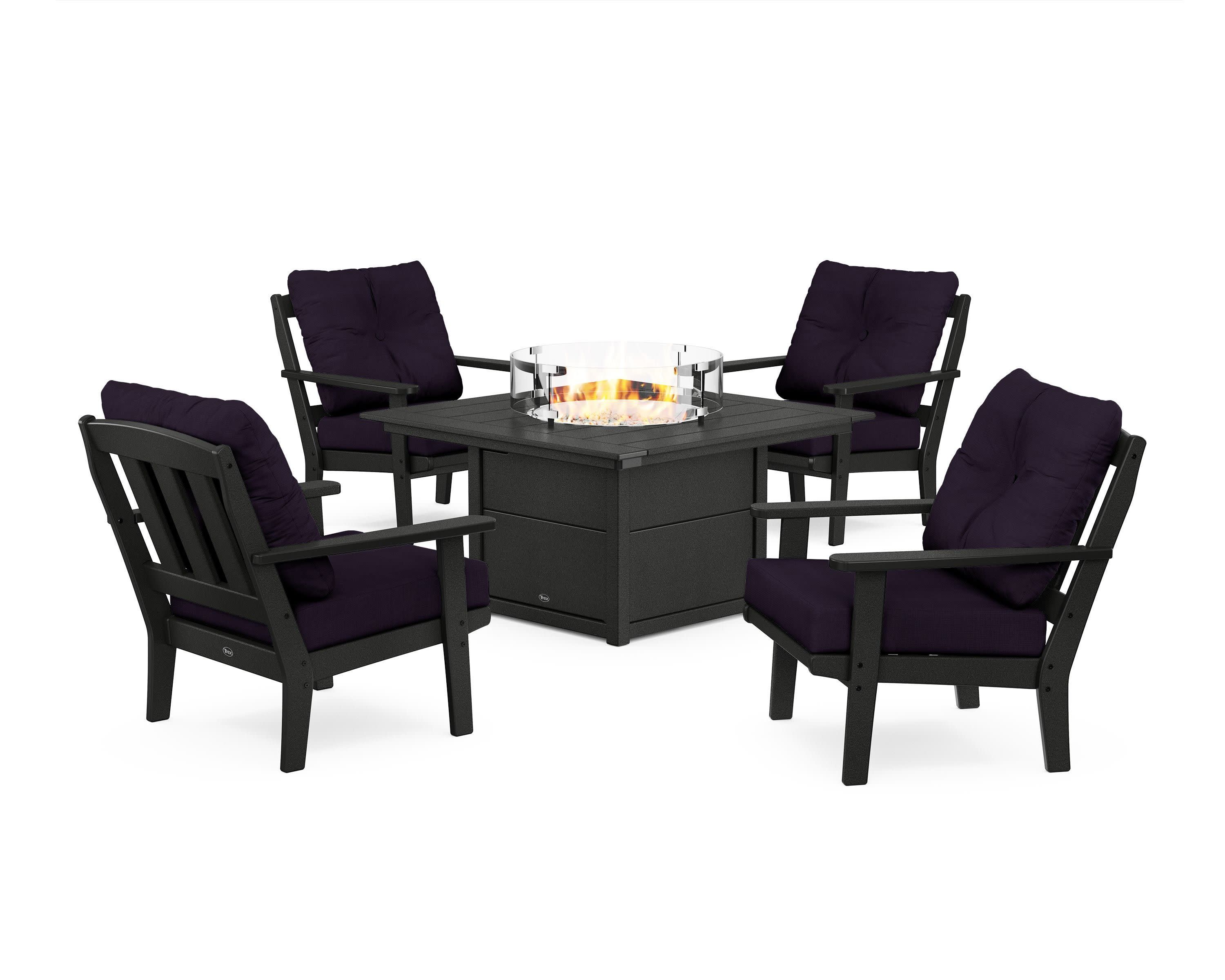 Cape Cod 5-Piece Deep Seating Set with Fire Pit Table in Charcoal Black / Navy Linen