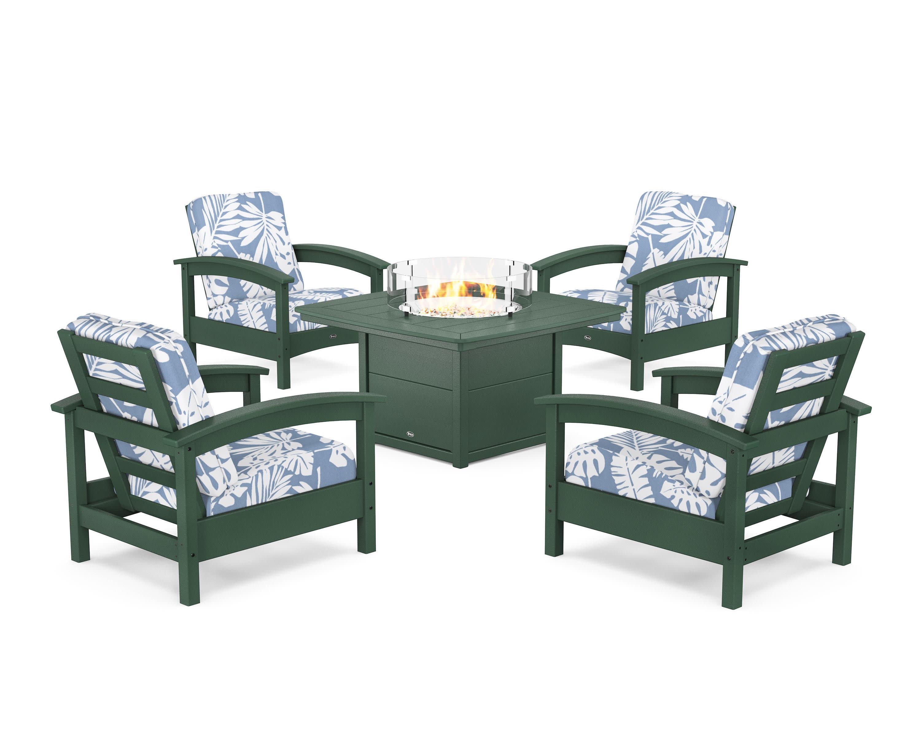 Rockport 5-Piece Deep Seating Set with Yacht Club Fire Pit Table in Rainforest Canopy / Leaf Sky Blue