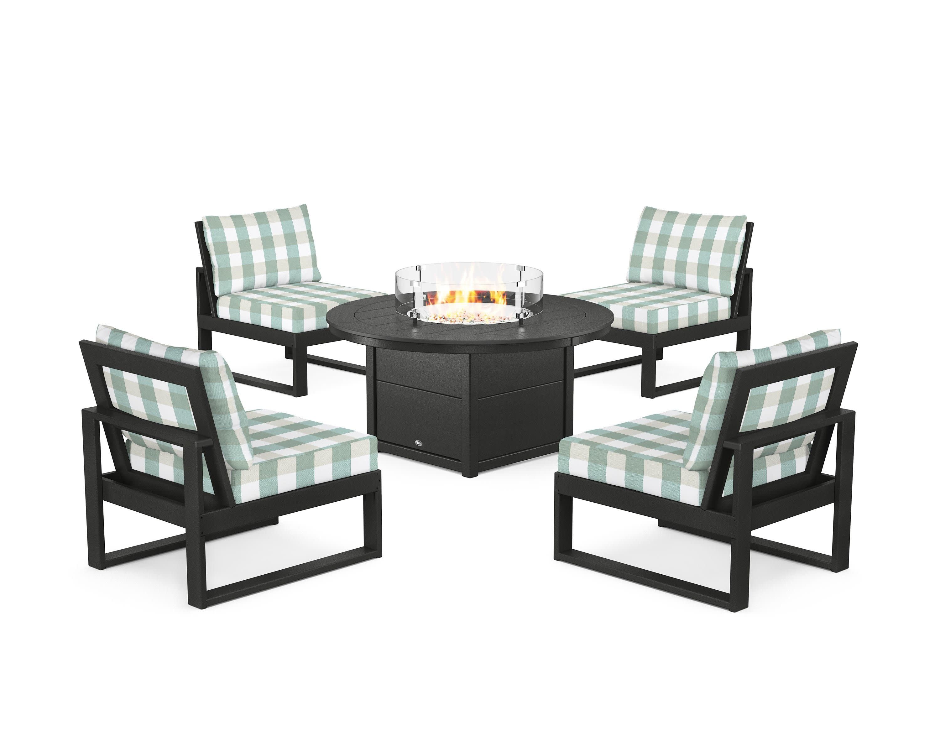 Eastport Modular 5-Piece Deep Seating Set with Round Fire Pit Table in Charcoal Black / Buffalo Plaid Glacier Spa