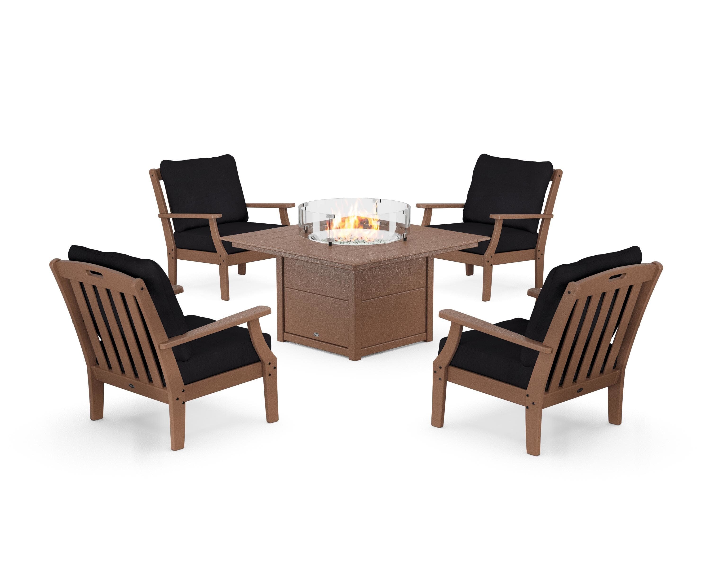 Yacht Club 5-Piece Deep Seating Set with Square Fire Pit Table in Tree House / Midnight Linen