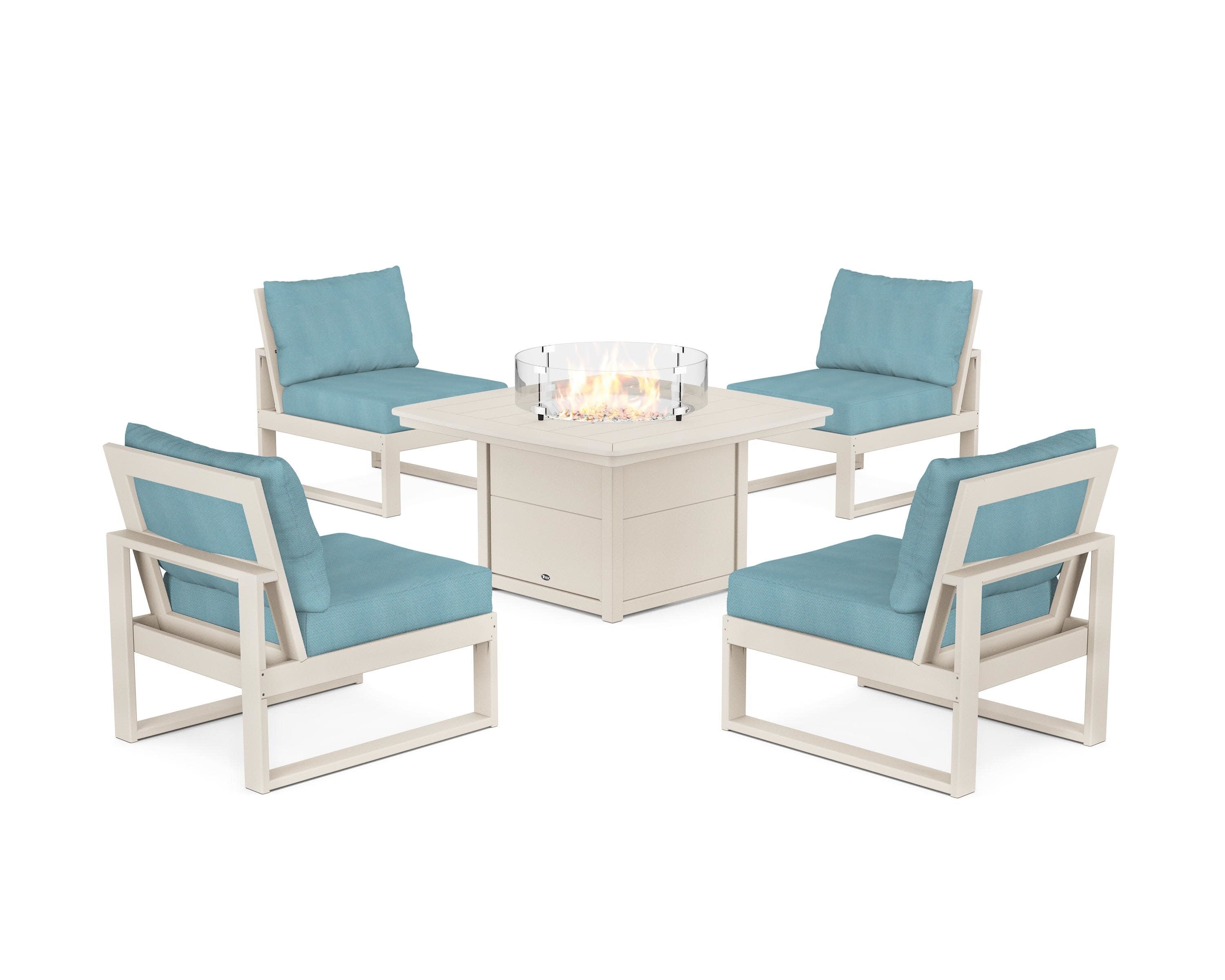 Eastport Modular 5-Piece Deep Seating Set with Yacht Club Fire Pit Table in Sand Castle / Lattice Sky Blue