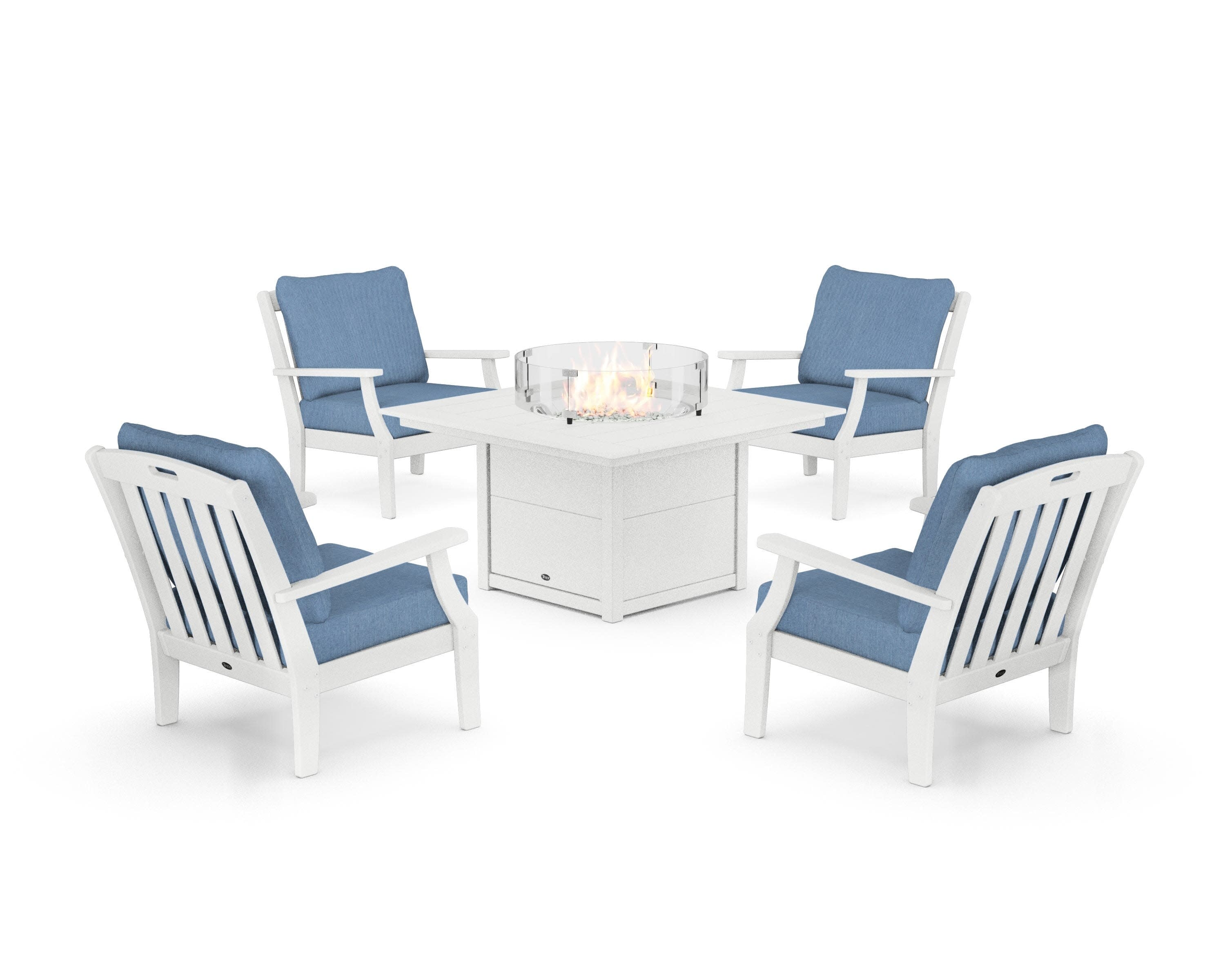 Yacht Club 5-Piece Deep Seating Set with Square Fire Pit Table in Classic White / Sky Blue