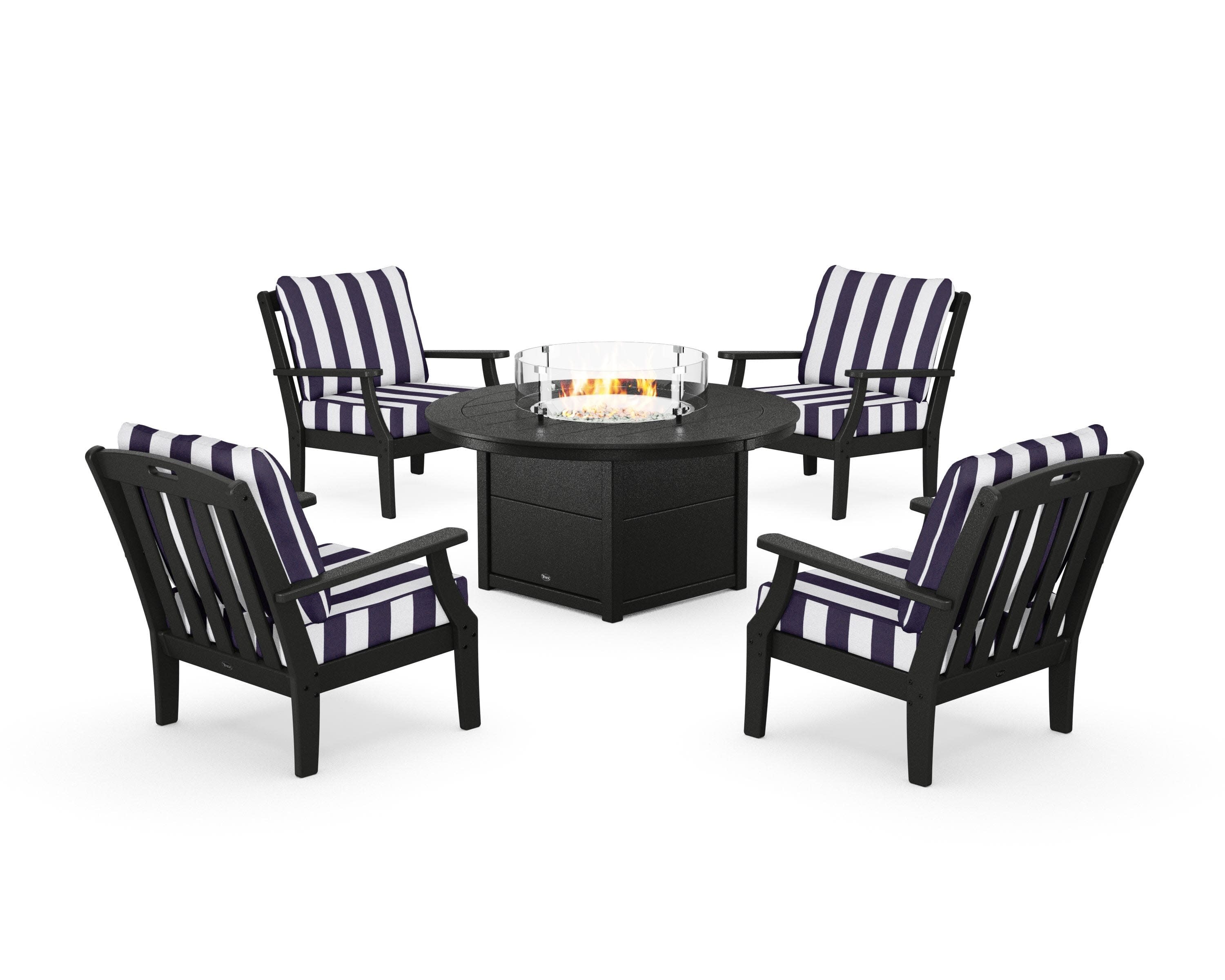Yacht Club 5-Piece Deep Seating Set with Round Fire Pit Table in Charcoal Black / Cabana Stripe Navy