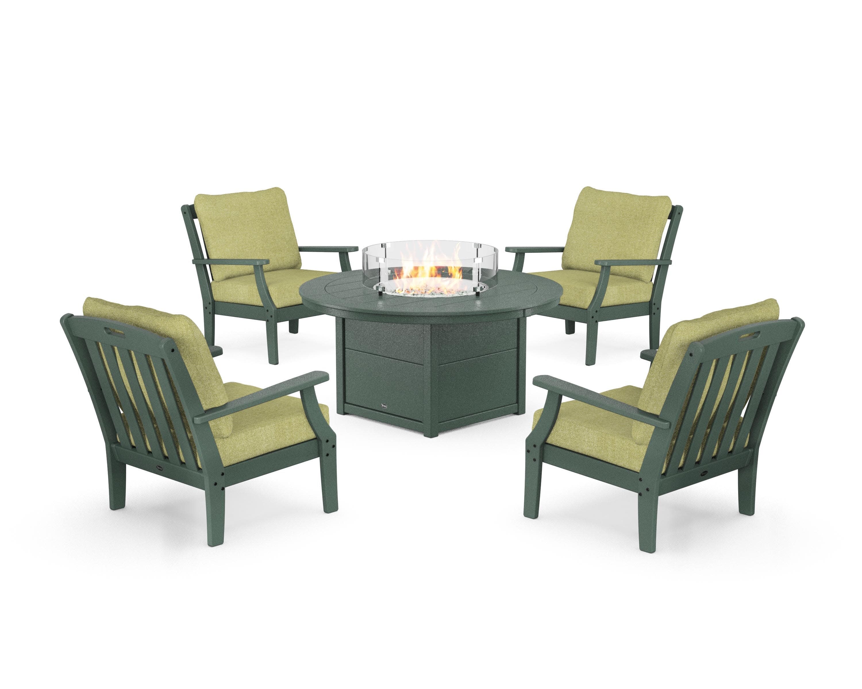 Yacht Club 5-Piece Deep Seating Set with Round Fire Pit Table in Rainforest Canopy / Chartreuse Boucle