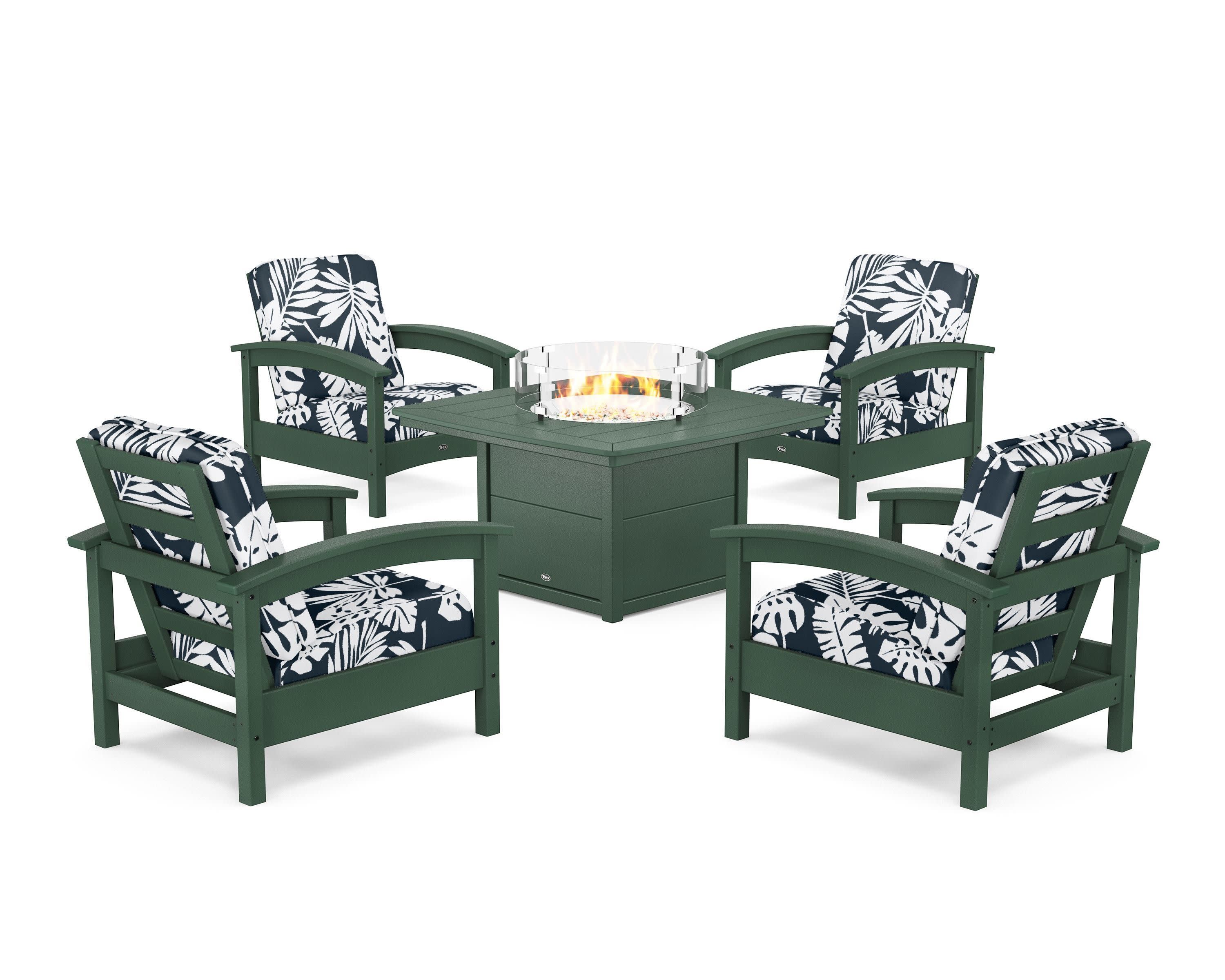 Rockport 5-Piece Deep Seating Set with Yacht Club Fire Pit Table in Rainforest Canopy / Leaf Marine Indigo