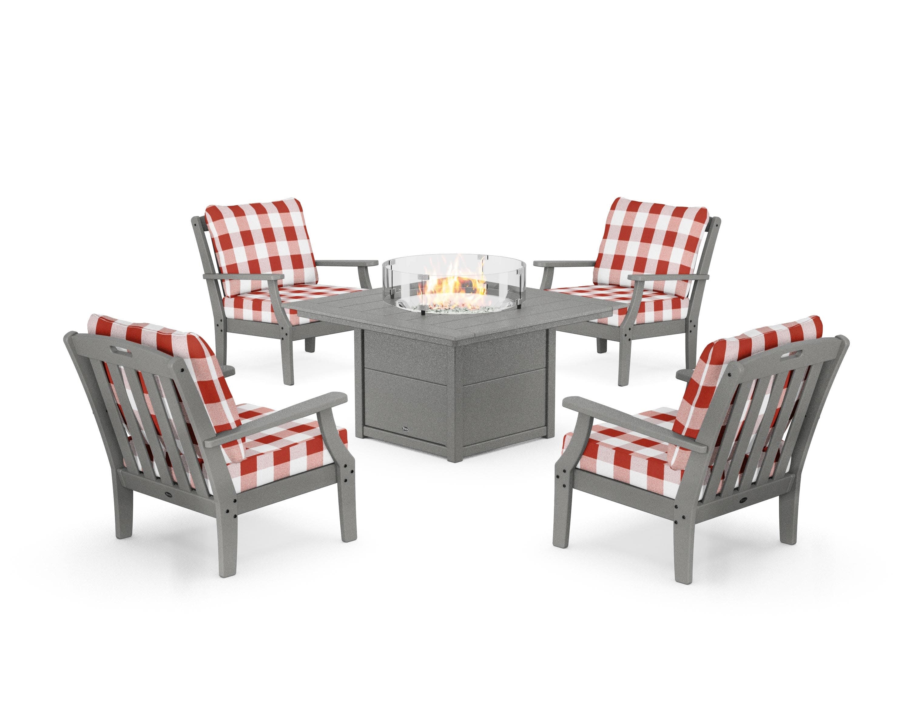 Yacht Club 5-Piece Deep Seating Set with Square Fire Pit Table in Stepping Stone / Buffalo Plaid Crimson