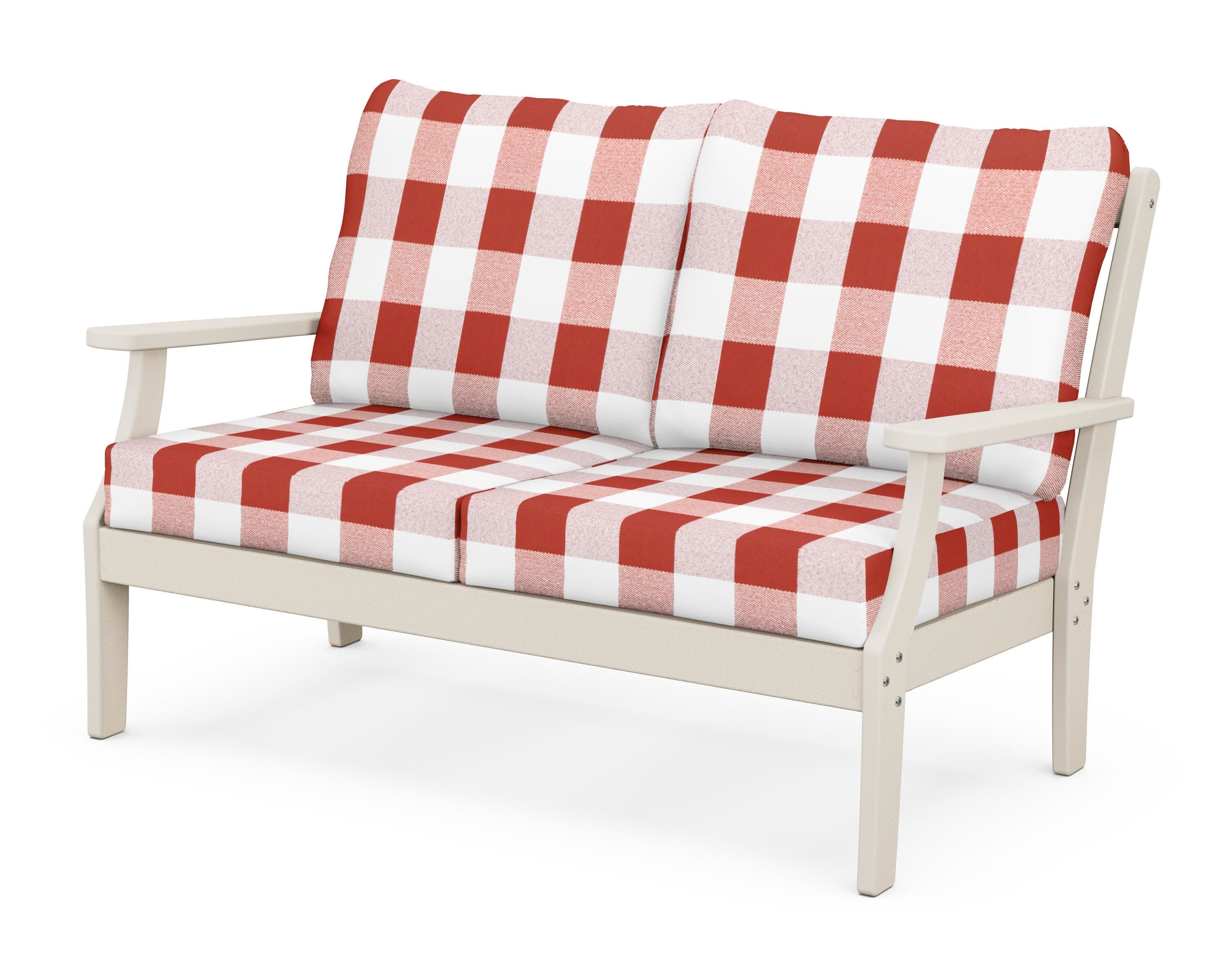 Yacht Club Deep Seating Loveseat in Sand Castle / Buffalo Plaid Crimson