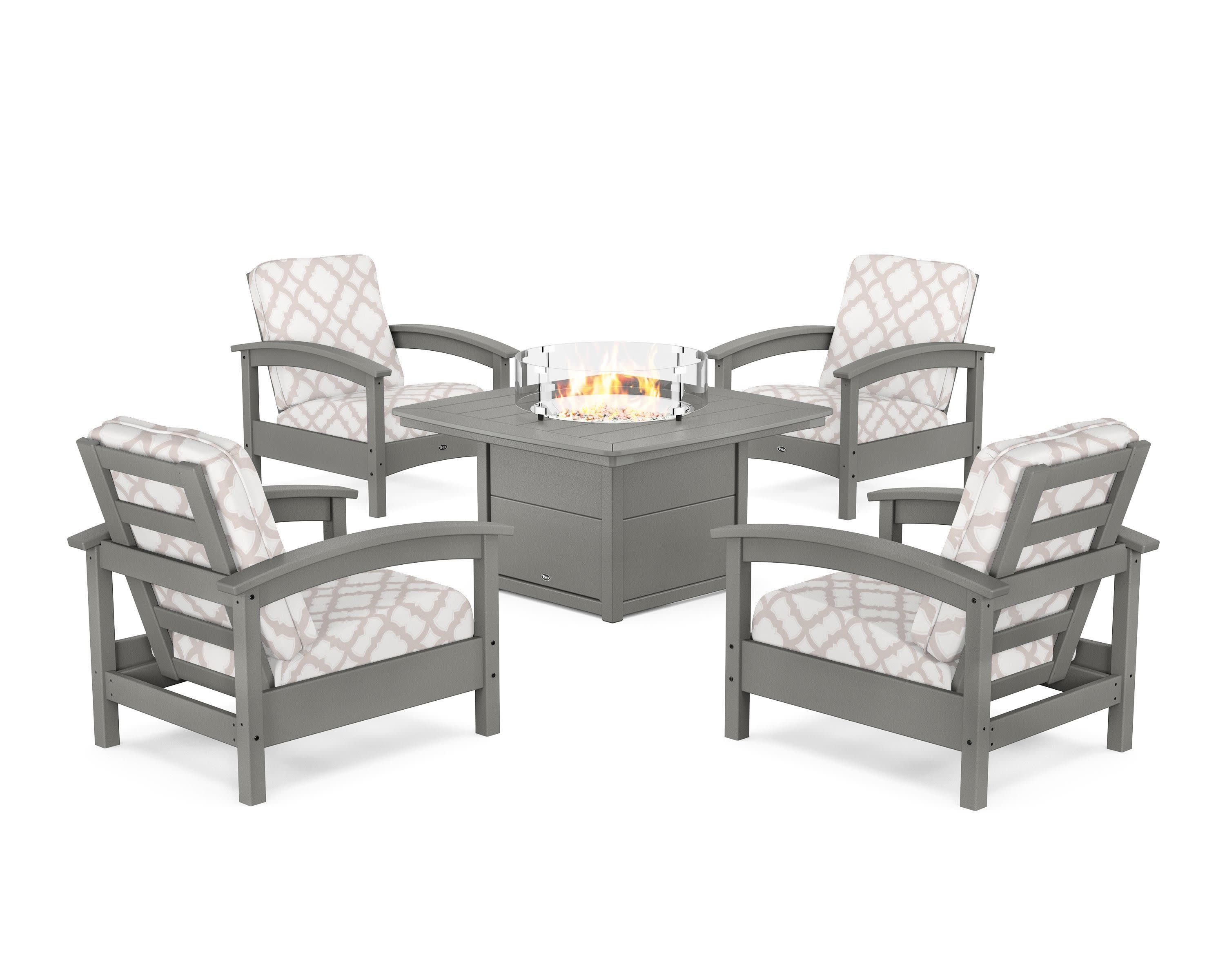 Rockport 5-Piece Deep Seating Set with Yacht Club Fire Pit Table in Stepping Stone / Trellis Dune Burlap