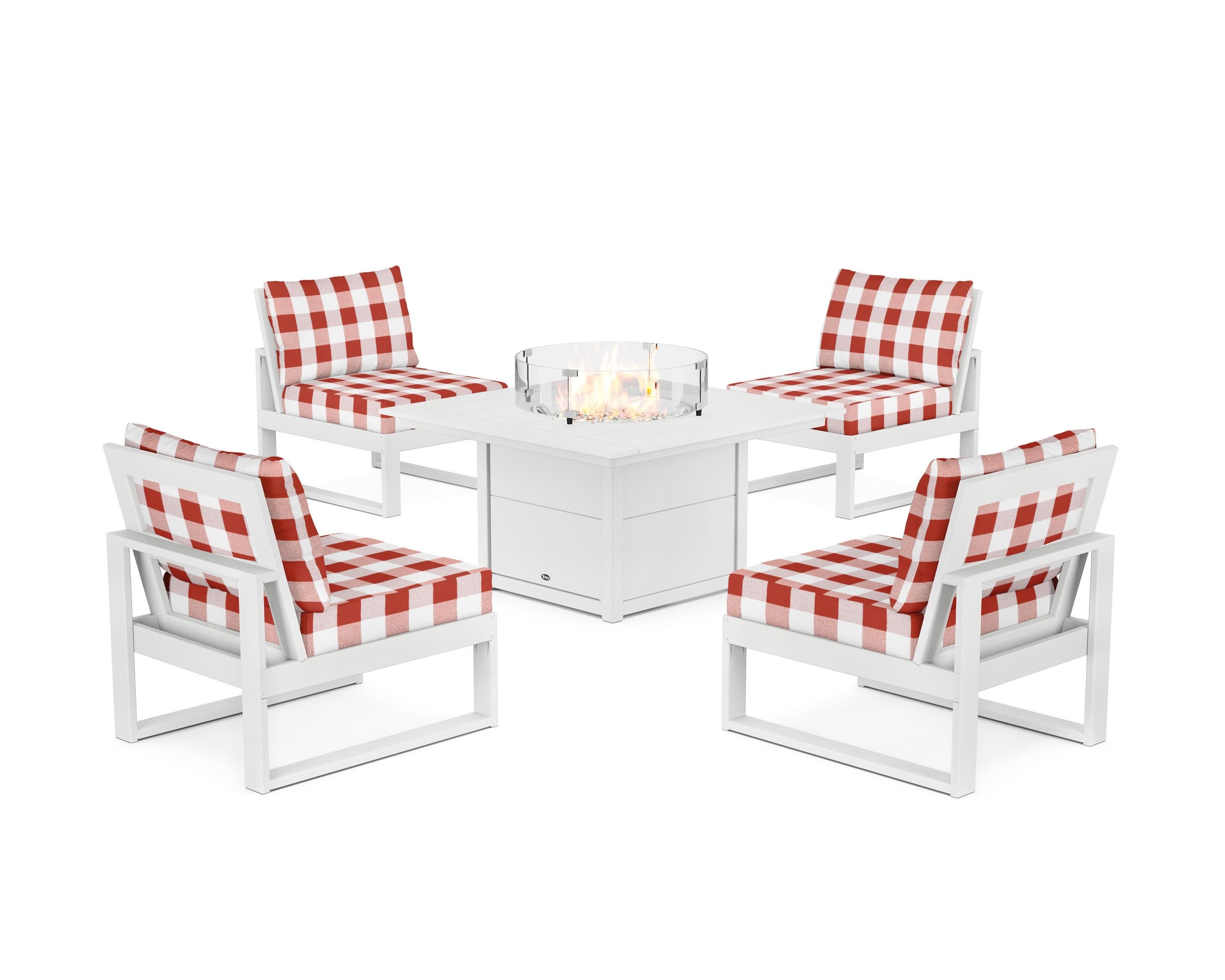 Eastport Modular 5-Piece Deep Seating Set with Square Fire Pit Table in Classic White / Buffalo Plaid Crimson
