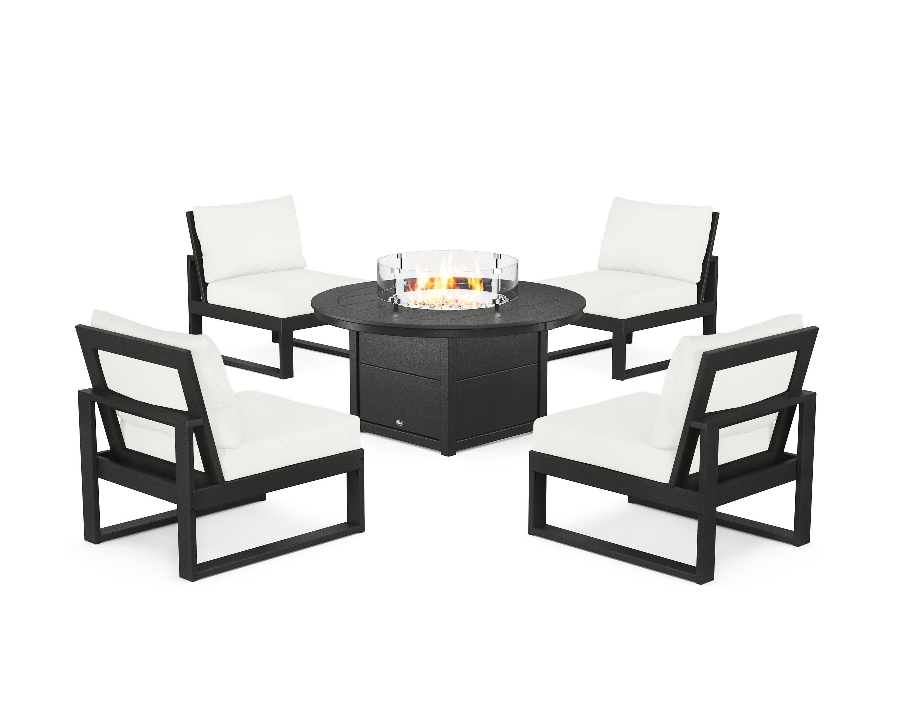 Eastport Modular 5-Piece Deep Seating Set with Round Fire Pit Table in Charcoal Black / Natural Linen