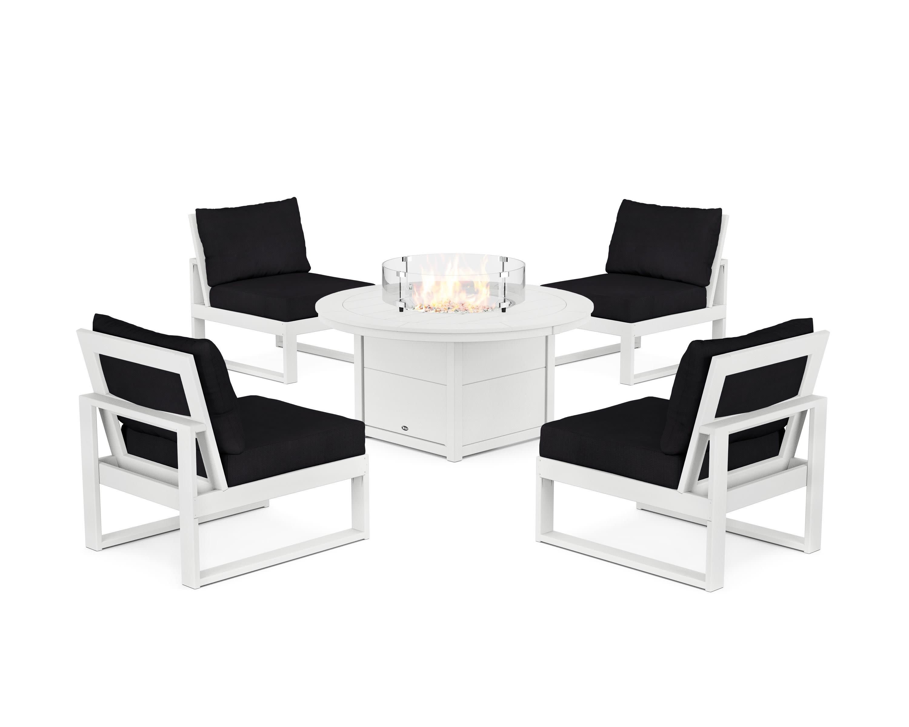 Eastport Modular 5-Piece Deep Seating Set with Round Fire Pit Table in Classic White / Midnight Linen