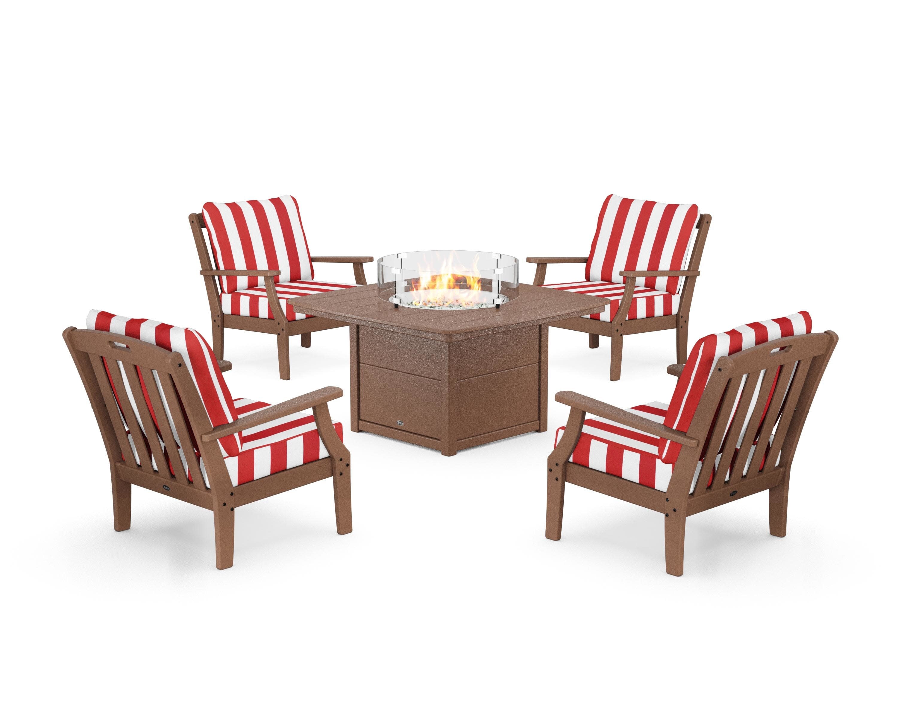 Yacht Club 5-Piece Deep Seating Set with Fire Pit Table in Tree House / Cabana Stripe Crimson